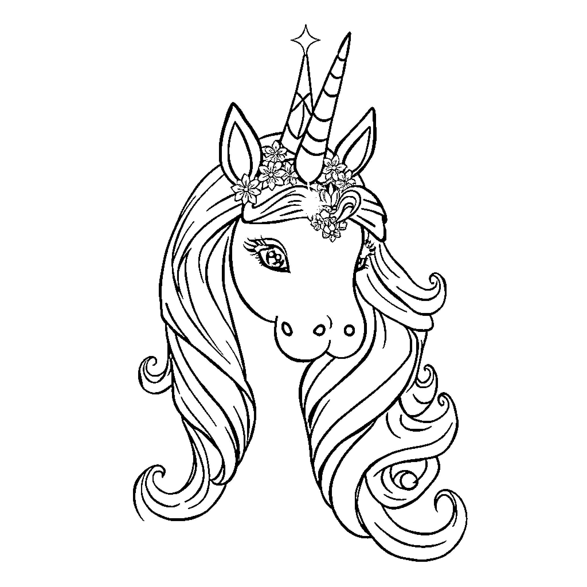 Unicorn with whimsical floral crown and flowing mane Coloring Page (free black-and-white line drawing printable PDF for all, from beginners to advanced learners, including children, teens, adults, and seniors)
