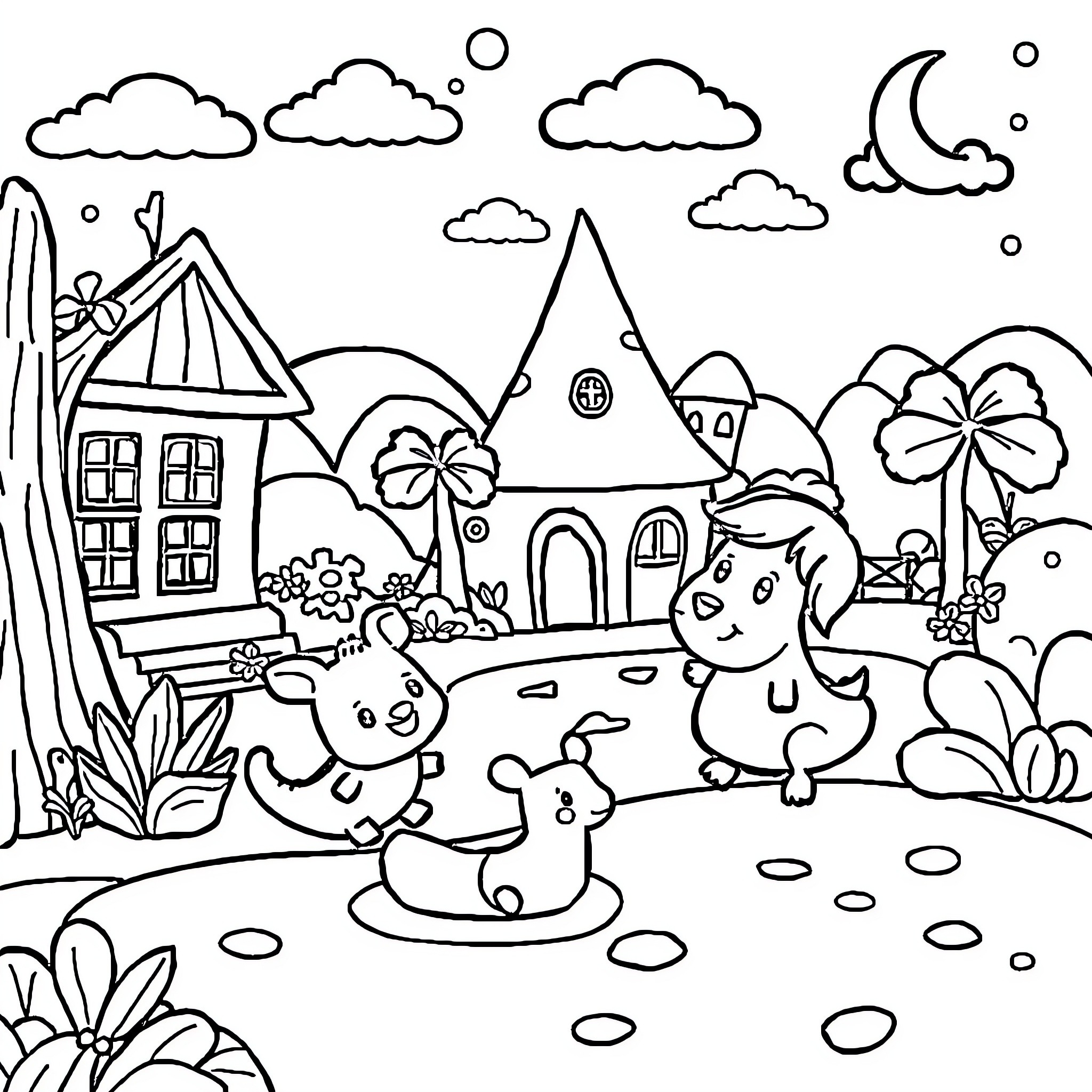 Toca Boca characters exploring a whimsical landscape Coloring Page (free black-and-white line drawing printable PDF for all, from beginners to advanced learners, including children, teens, adults, and seniors)