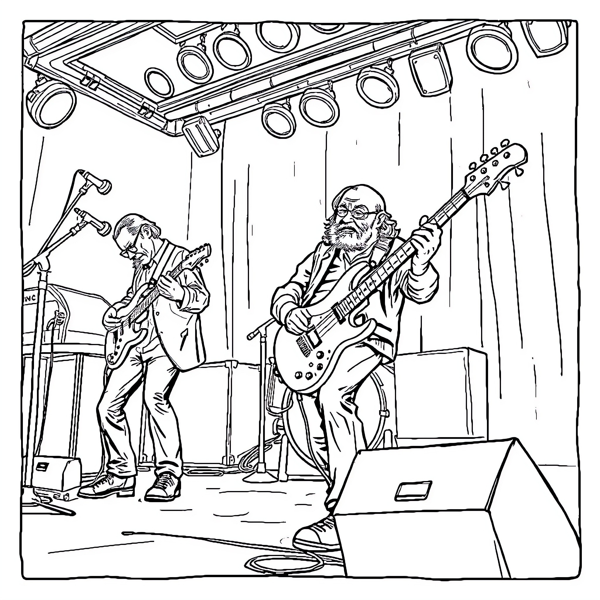 Old Man Playing Guitar on Stage Coloring Page (free black-and-white line drawing printable PDF for all, from beginners to advanced learners, including children, teens, adults, and seniors)