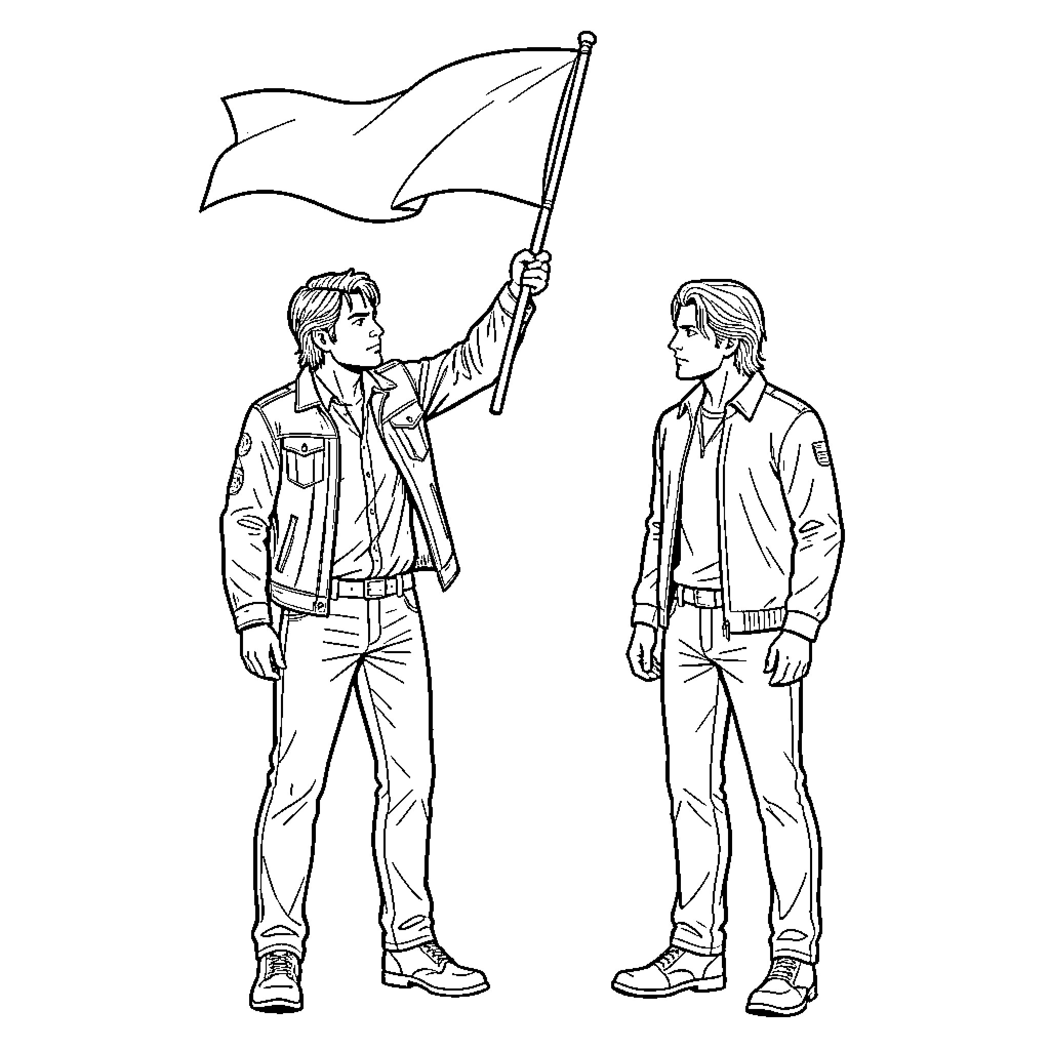 Dean Winchester holding a flag while standing with another man Coloring Page (free black-and-white line drawing printable PDF for all, from beginners to advanced learners, including children, teens, adults, and seniors)