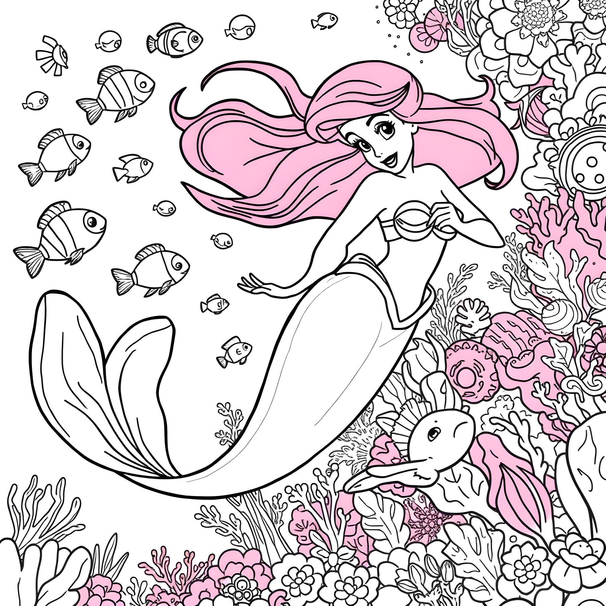 Ariel the mermaid in the ocean with sea creatures Coloring Page (free black-and-white line drawing printable PDF for all, from beginners to advanced learners, including children, teens, adults, and seniors)