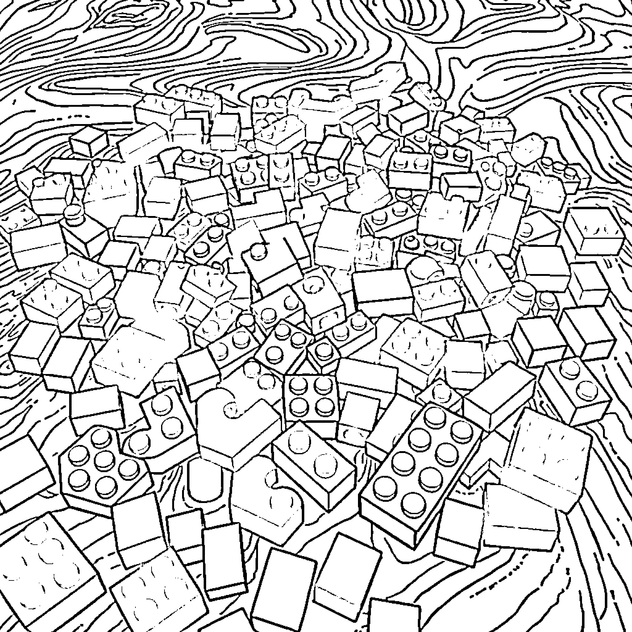 Lego Blocks in Chaotic Arrangement Coloring Page (free black-and-white line drawing printable PDF for all, from beginners to advanced learners, including children, teens, adults, and seniors)