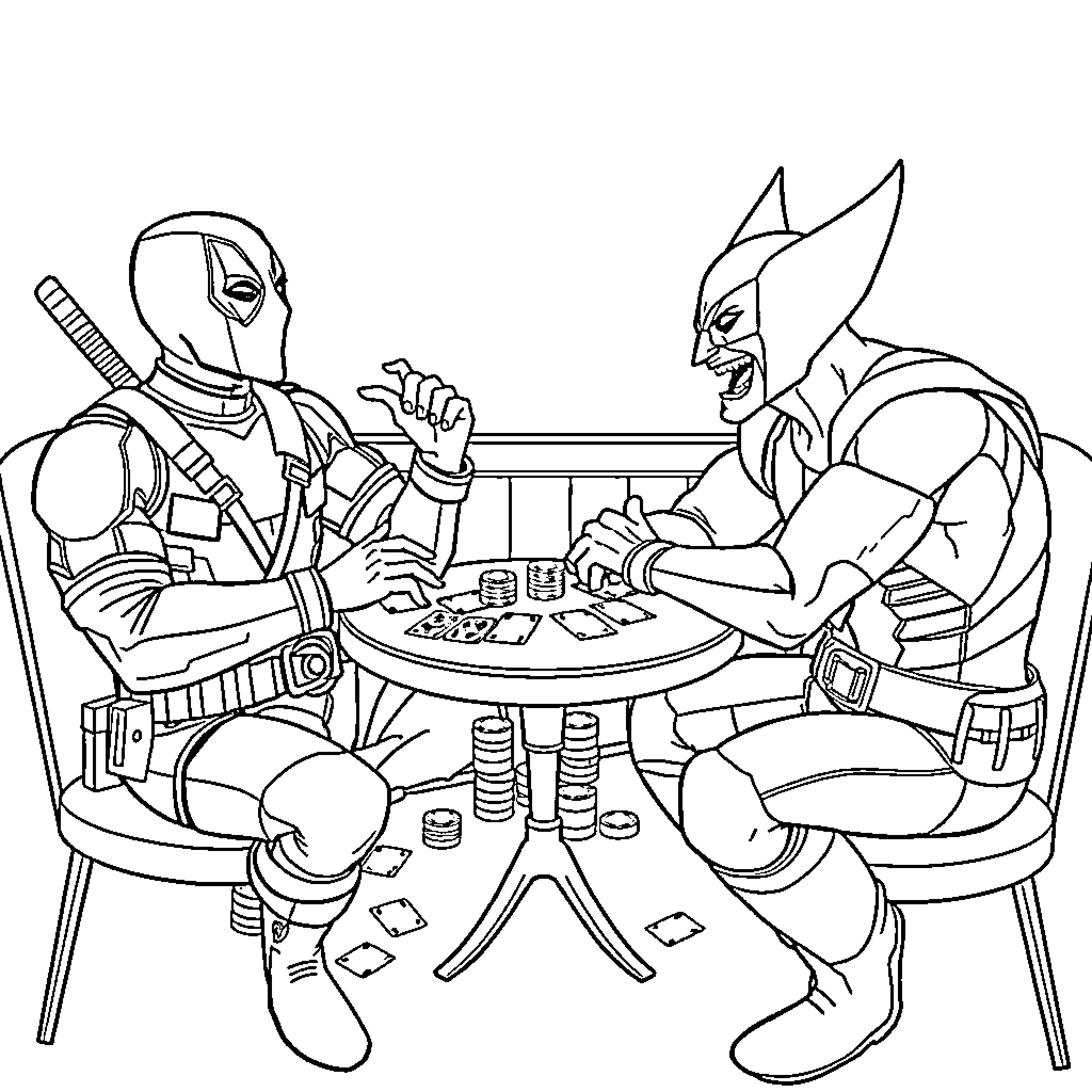 Deadpool and Wolverine playing board games together Coloring Page (free black-and-white line drawing printable PDF for all, from beginners to advanced learners, including children, teens, adults, and seniors)