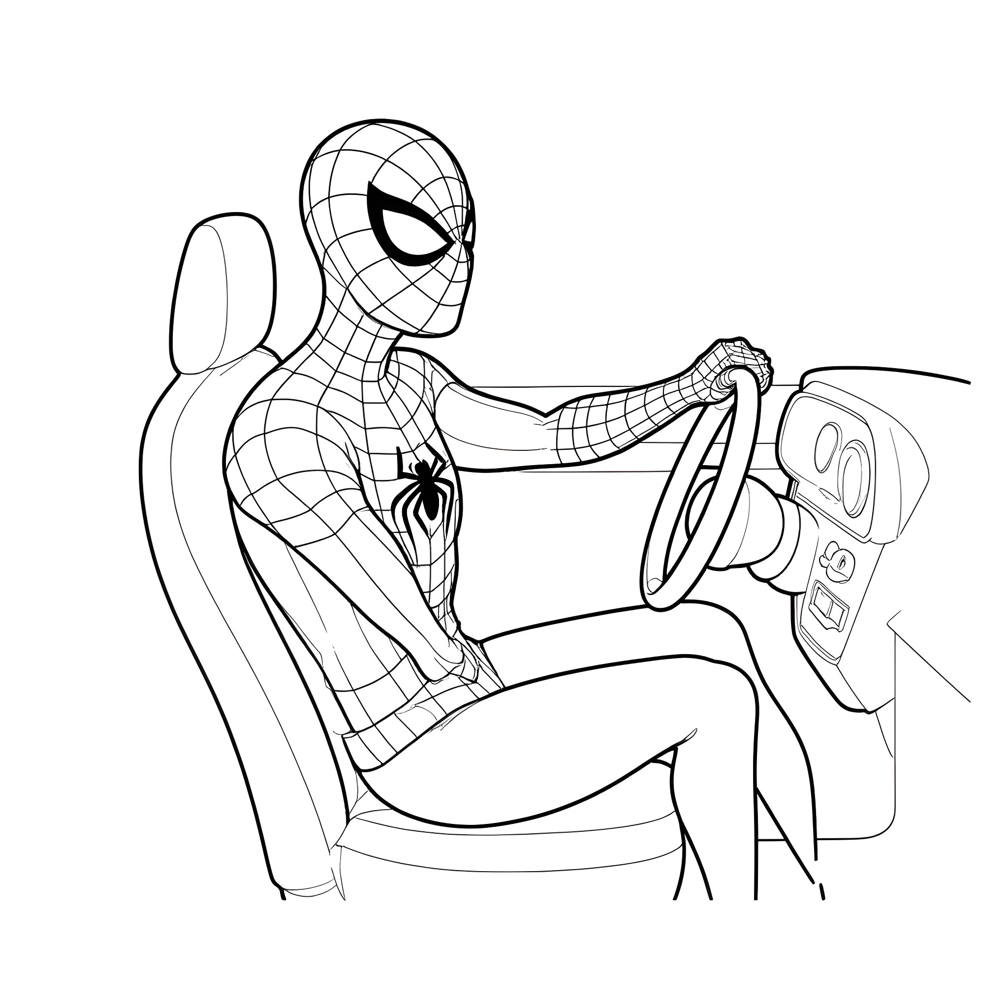 Spiderman playing video game with game controller Coloring Page (free black-and-white line drawing printable PDF for all, from beginners to advanced learners, including children, teens, adults, and seniors)