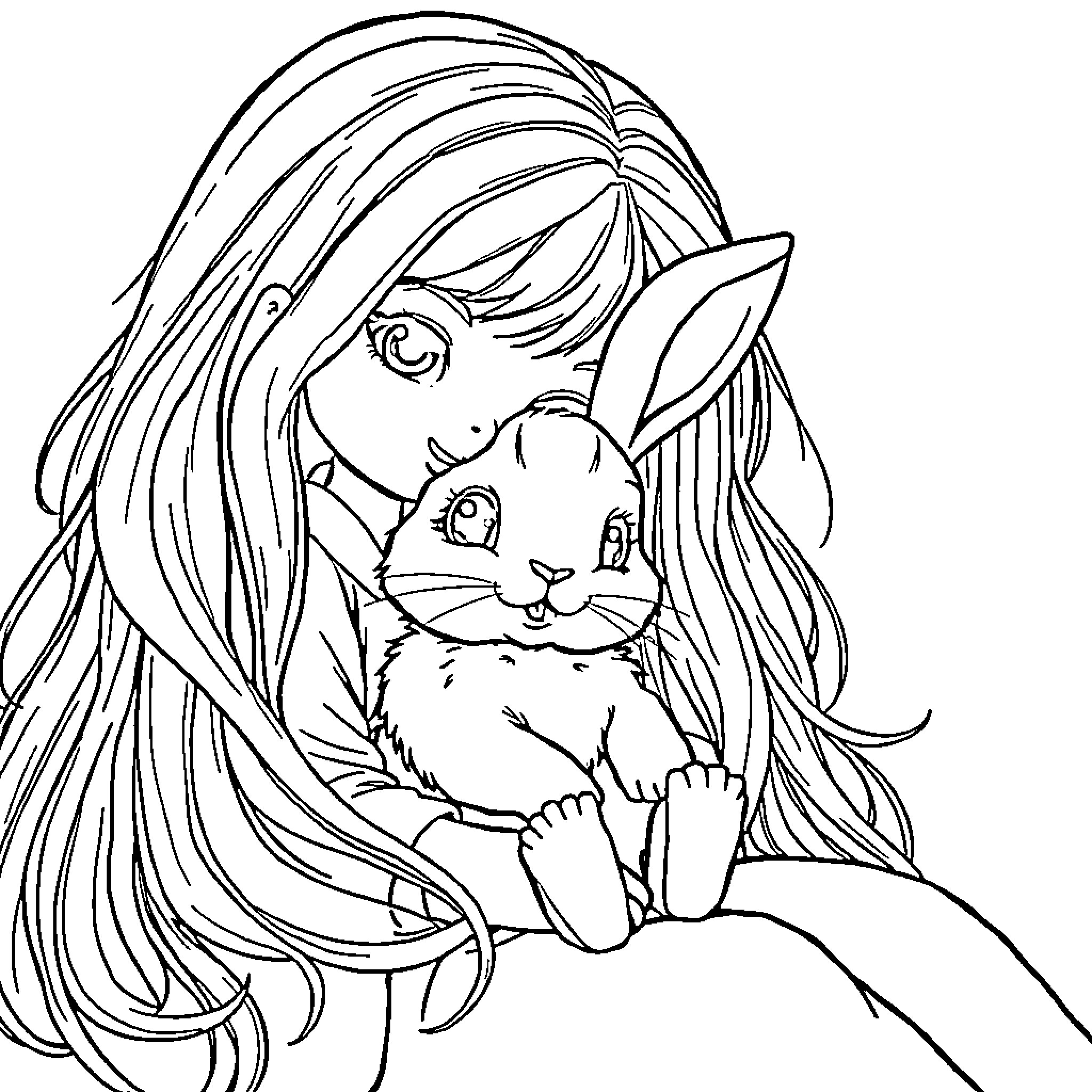 Bunny girl holding a cute bunny companion Coloring Page (free black-and-white line drawing printable PDF for all, from beginners to advanced learners, including children, teens, adults, and seniors)