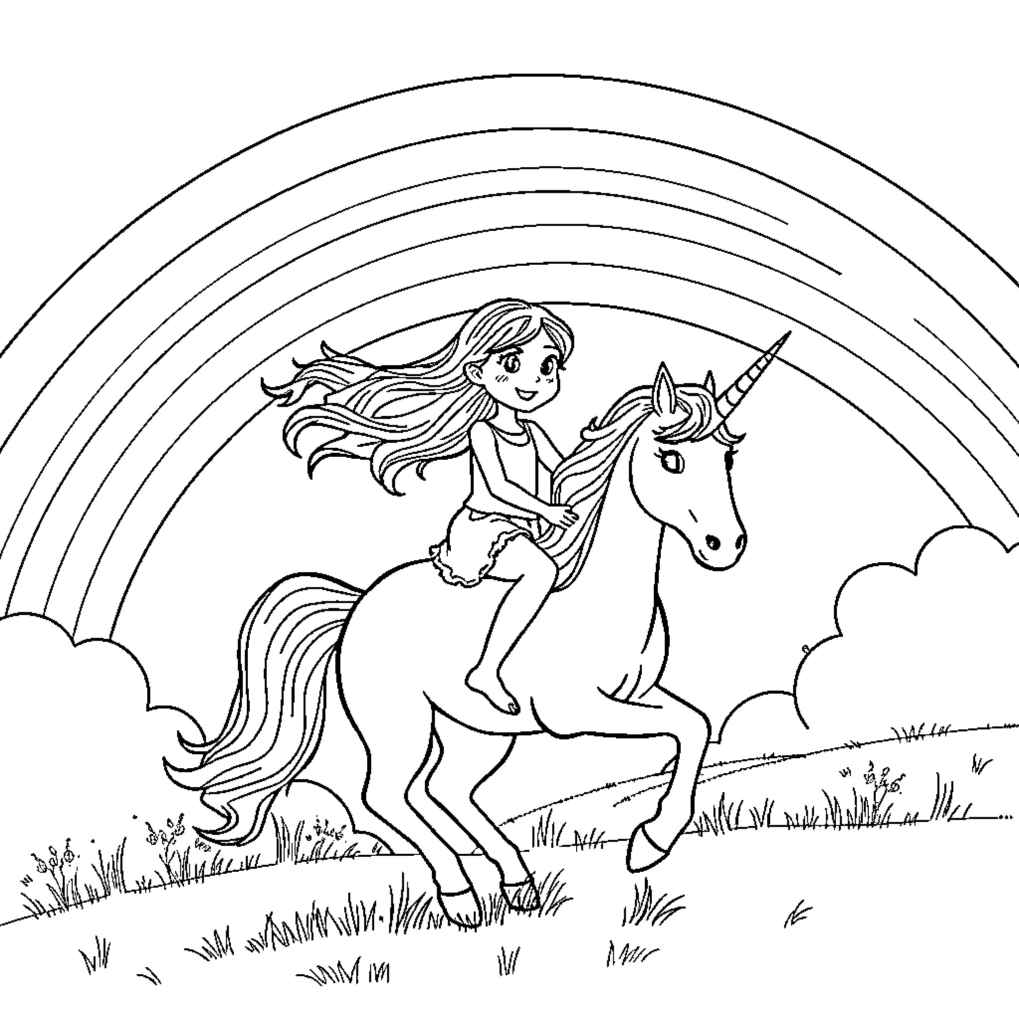 Girl riding a unicorn through a rainbow field Coloring Page (free black-and-white line drawing printable PDF for all, from beginners to advanced learners, including children, teens, adults, and seniors)