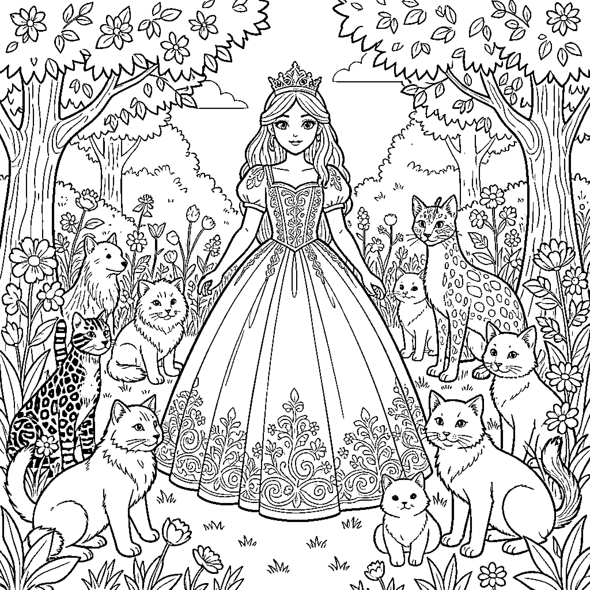 Princess standing gracefully surrounded by many cute kittens Coloring Page (free black-and-white line drawing printable PDF for all, from beginners to advanced learners, including children, teens, adults, and seniors)