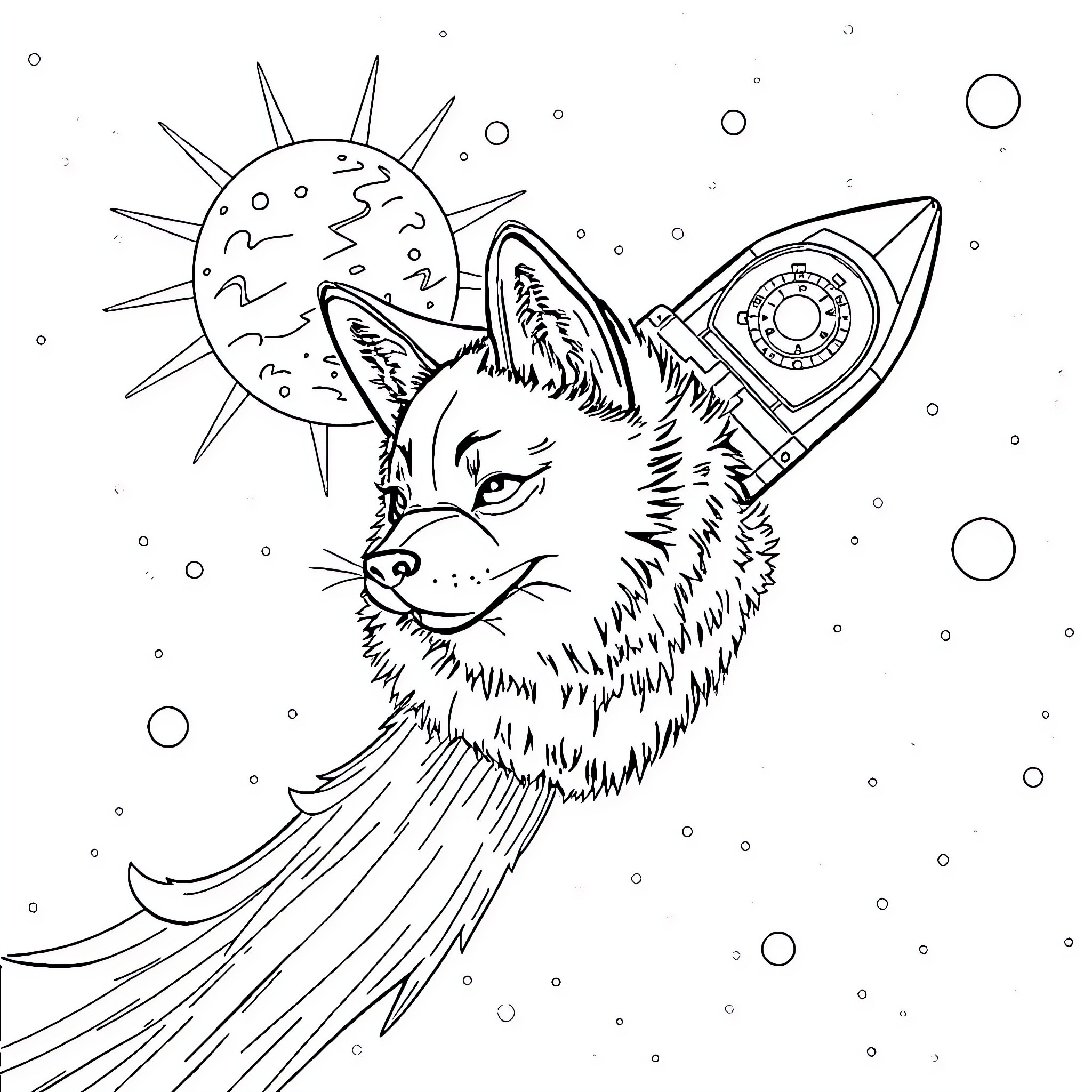 Rocket-powered space fox exploring the cosmos Coloring Page (free black-and-white line drawing printable PDF for all, from beginners to advanced learners, including children, teens, adults, and seniors)