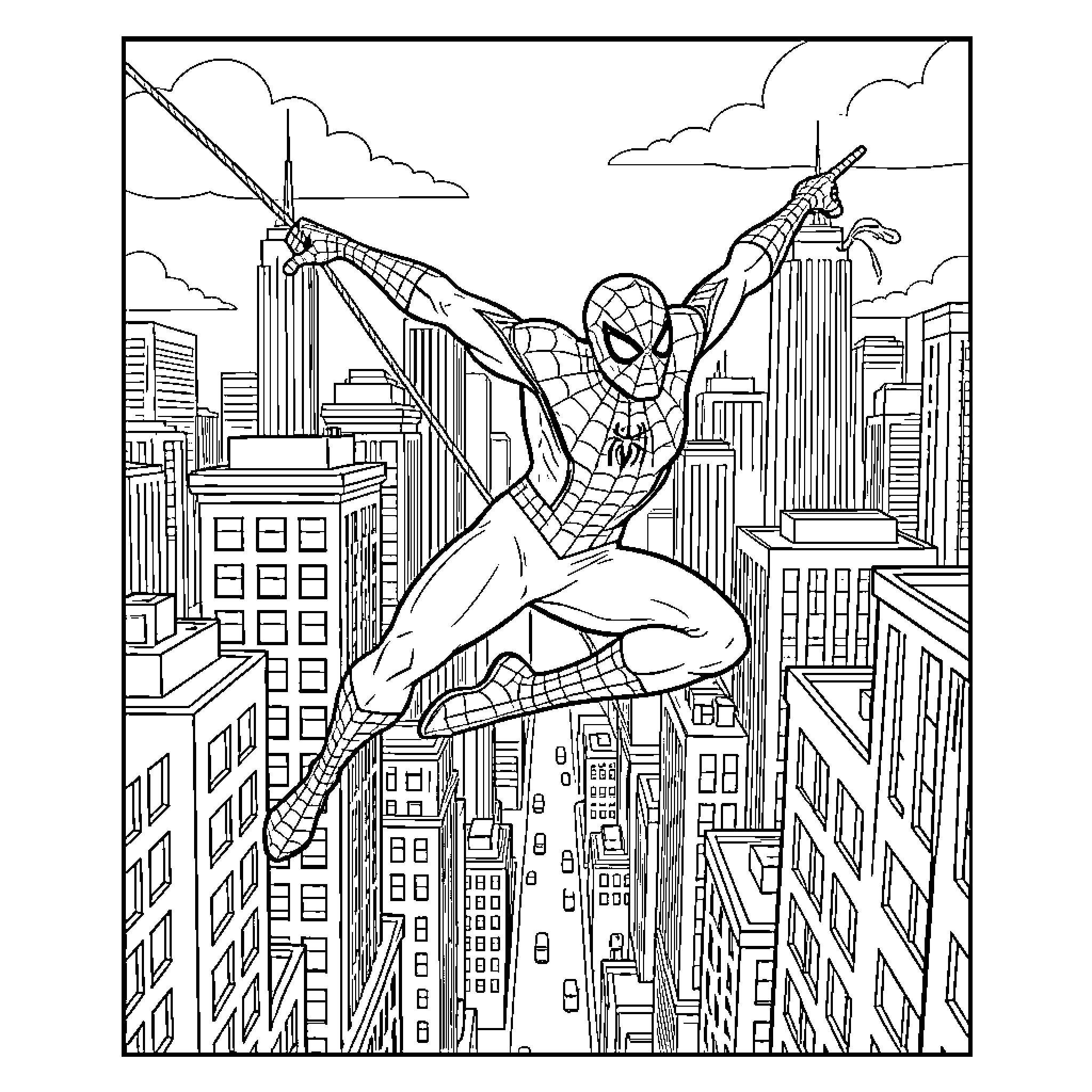 Spiderman swinging through the city skyline Coloring Page (free black-and-white line drawing printable PDF for all, from beginners to advanced learners, including children, teens, adults, and seniors)