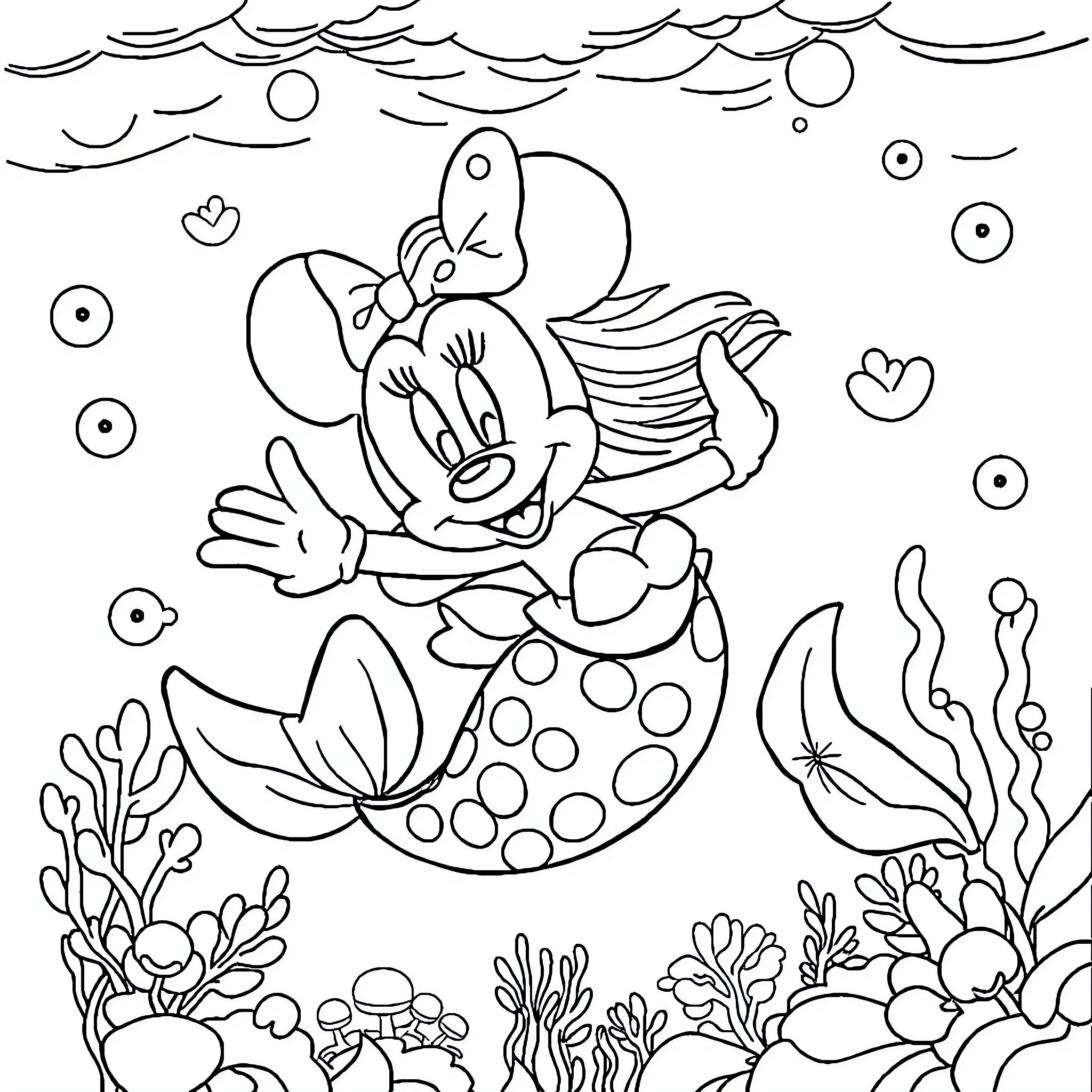 Minnie as a mermaid swimming in the ocean Coloring Page (free black-and-white line drawing printable PDF for all, from beginners to advanced learners, including children, teens, adults, and seniors)