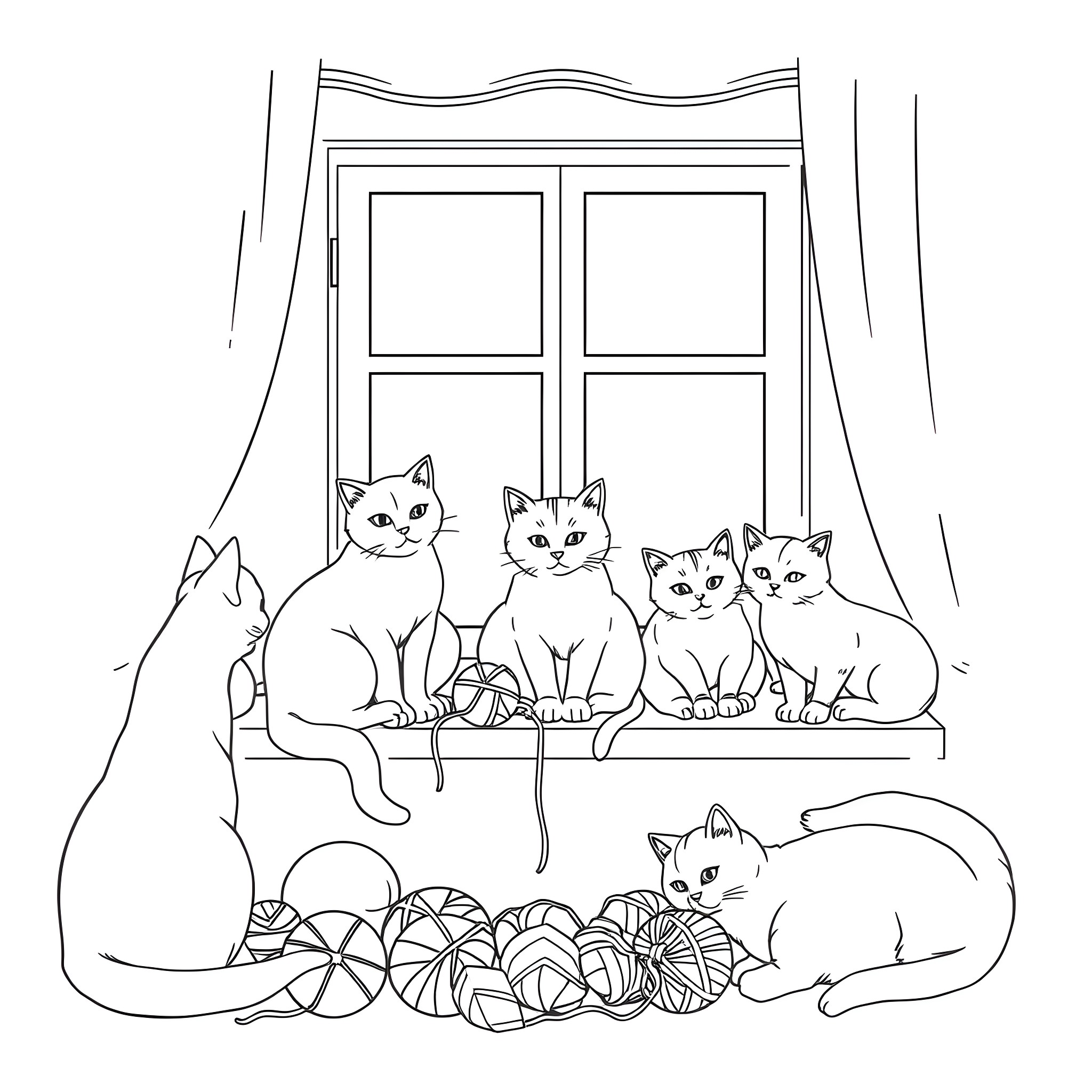 Cats sitting on a windowsill with balls of yarn Coloring Page (free black-and-white line drawing printable PDF for all, from beginners to advanced learners, including children, teens, adults, and seniors)