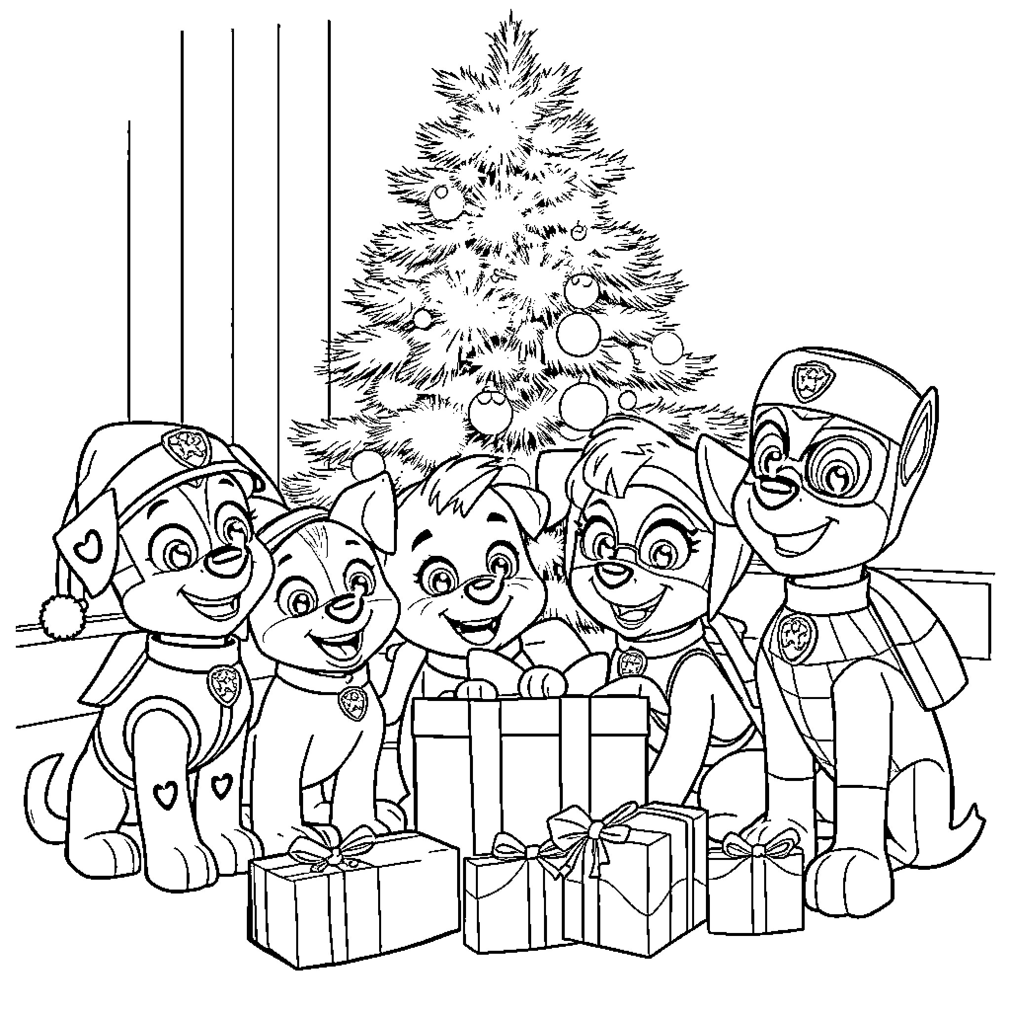 Paw Patrol Celebrating Christmas with Gifts and Tree Coloring Page (free black-and-white line drawing printable PDF for all, from beginners to advanced learners, including children, teens, adults, and seniors)