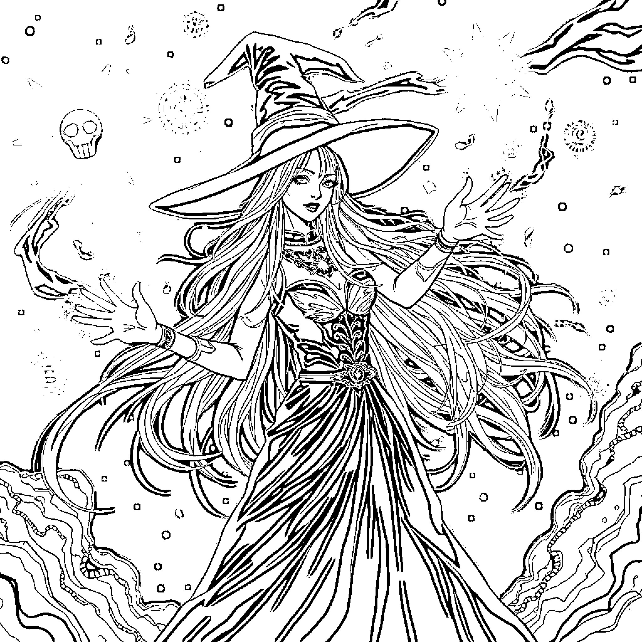 Cyber Witch's Mystical Enchantment Coloring Page (free black-and-white line drawing printable PDF for all, from beginners to advanced learners, including children, teens, adults, and seniors)