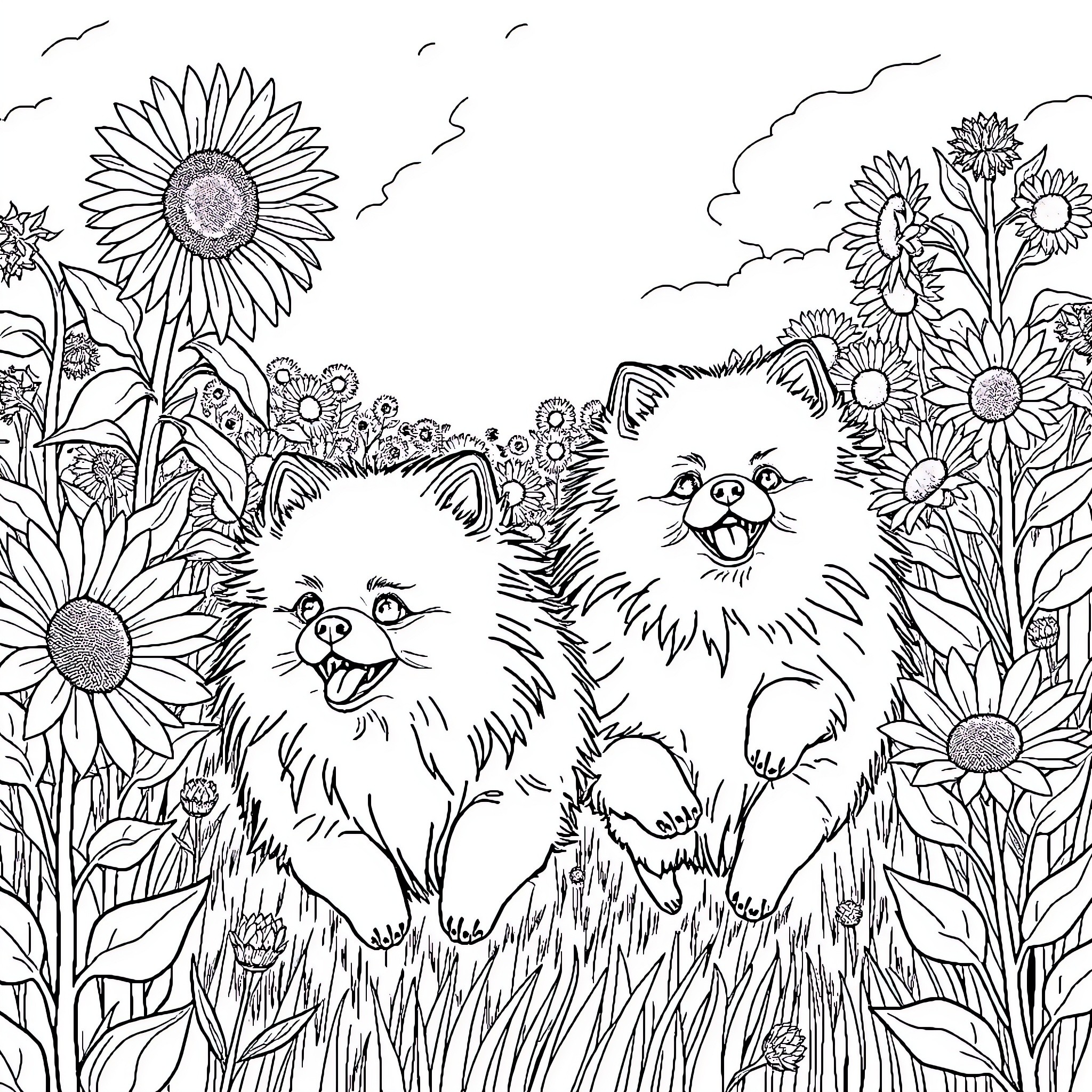 Pomeranian puppies playing in a flower garden Coloring Page (free black-and-white line drawing printable PDF for all, from beginners to advanced learners, including children, teens, adults, and seniors)