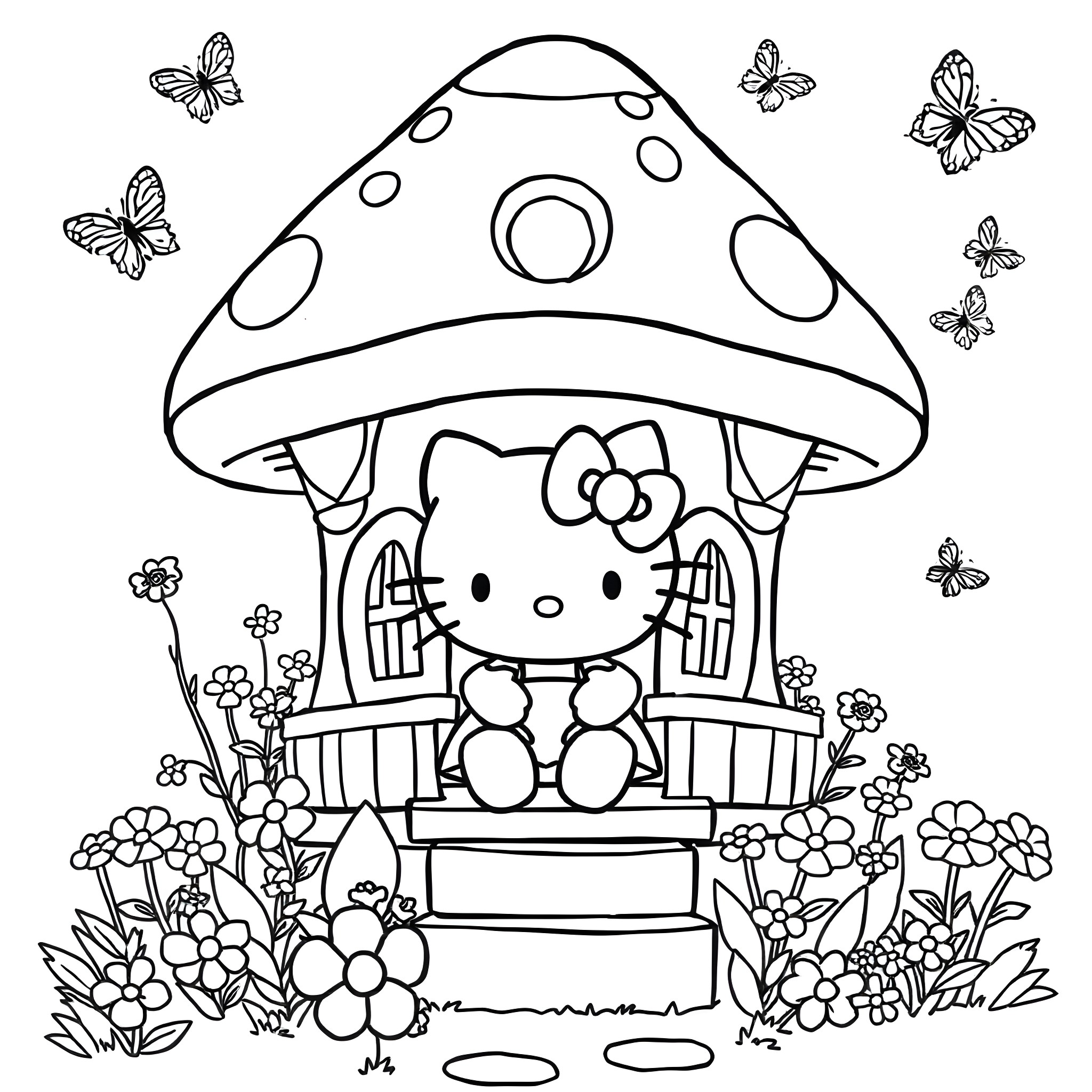 Hello Kitty relaxing in a mushroom house with butterflies Coloring Page (free black-and-white line drawing printable PDF for all, from beginners to advanced learners, including children, teens, adults, and seniors)