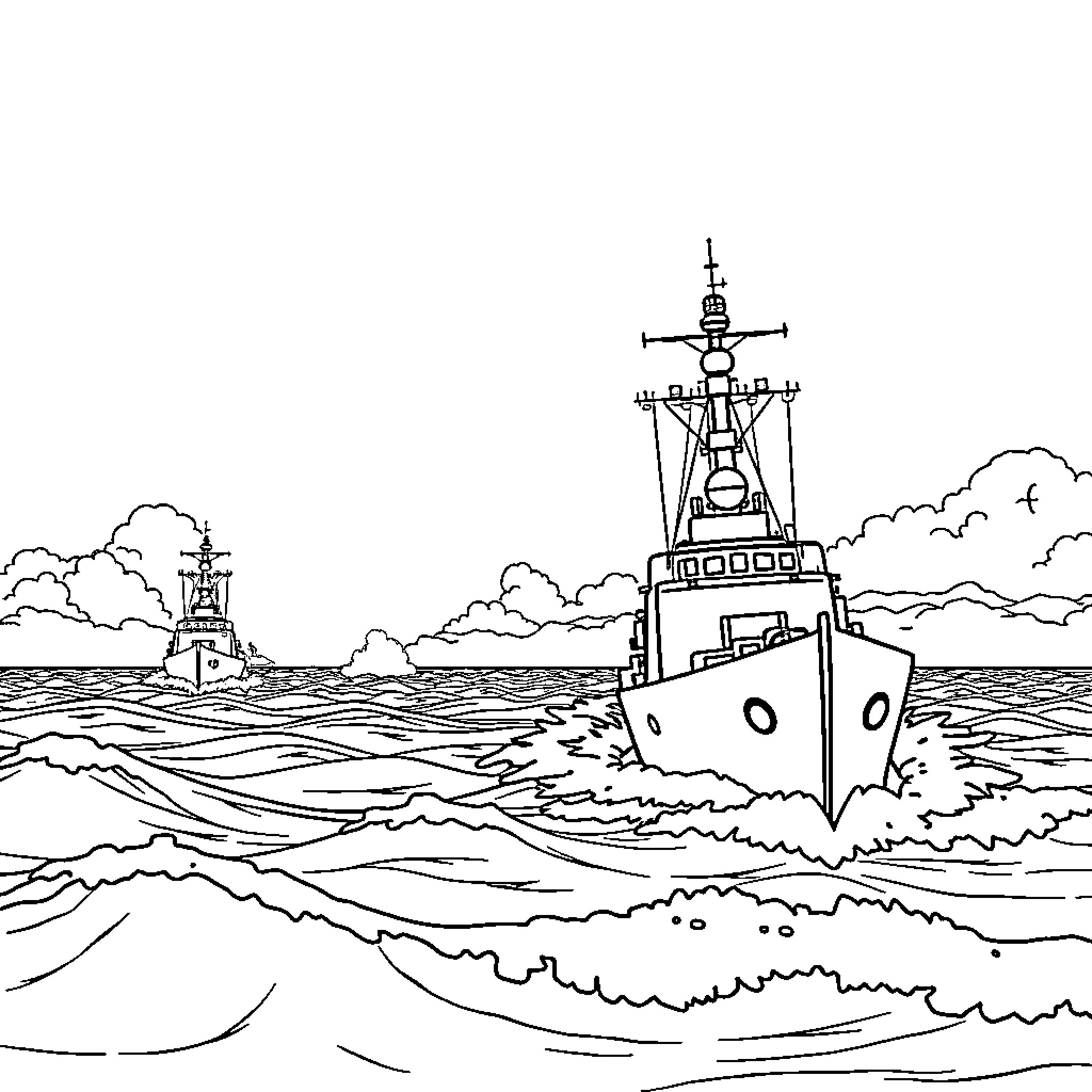 Ship sailing on stormy seas Coloring Page (free black-and-white line drawing printable PDF for all, from beginners to advanced learners, including children, teens, adults, and seniors)