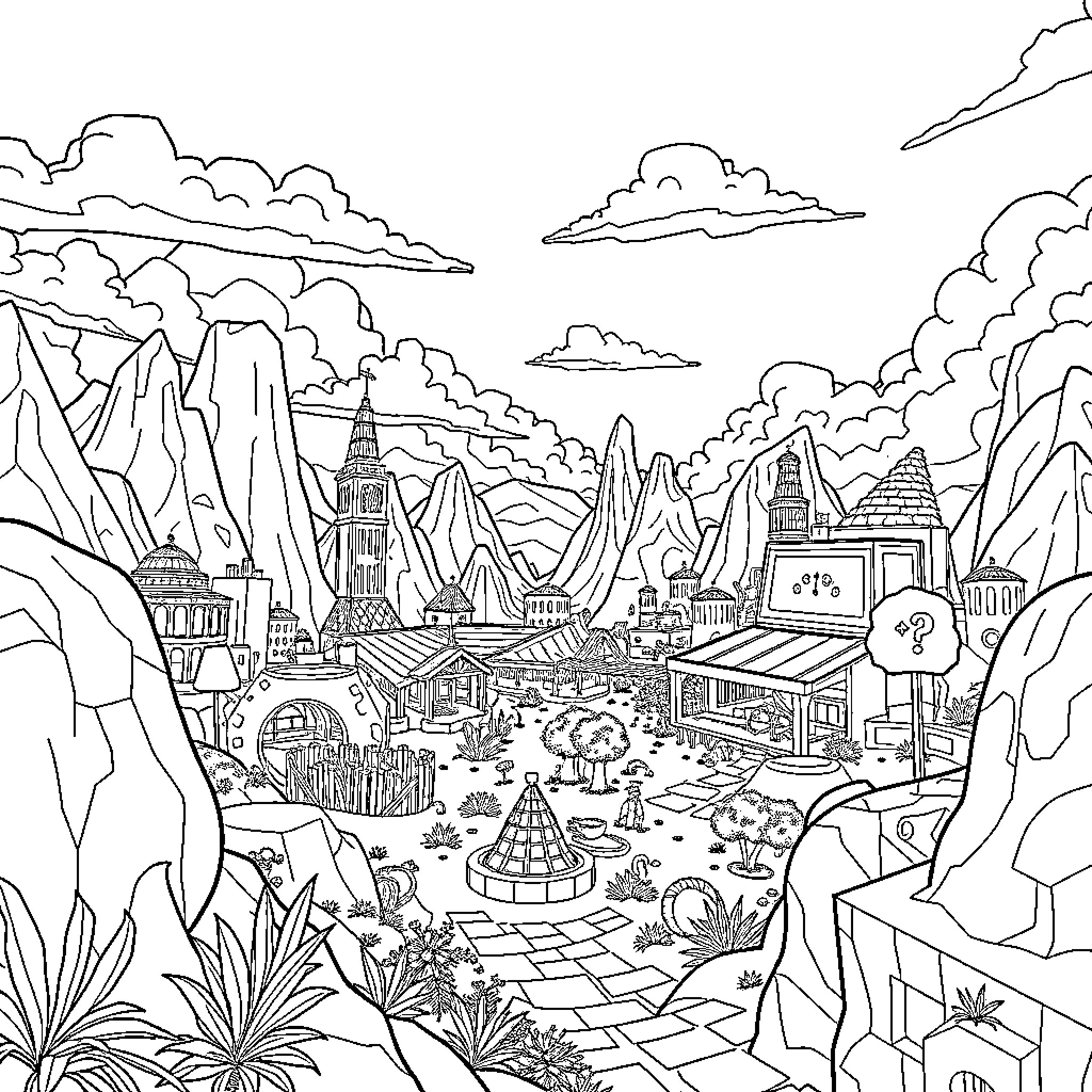 Roblox Fantastical Landscape with Diverse Structures Coloring Page (free black-and-white line drawing printable PDF for all, from beginners to advanced learners, including children, teens, adults, and seniors)