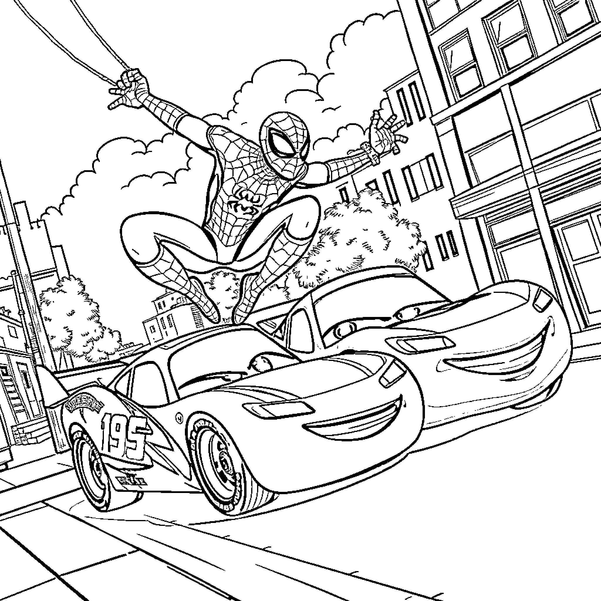 Spiderman swinging above speeding cars in the city Coloring Page (free black-and-white line drawing printable PDF for all, from beginners to advanced learners, including children, teens, adults, and seniors)