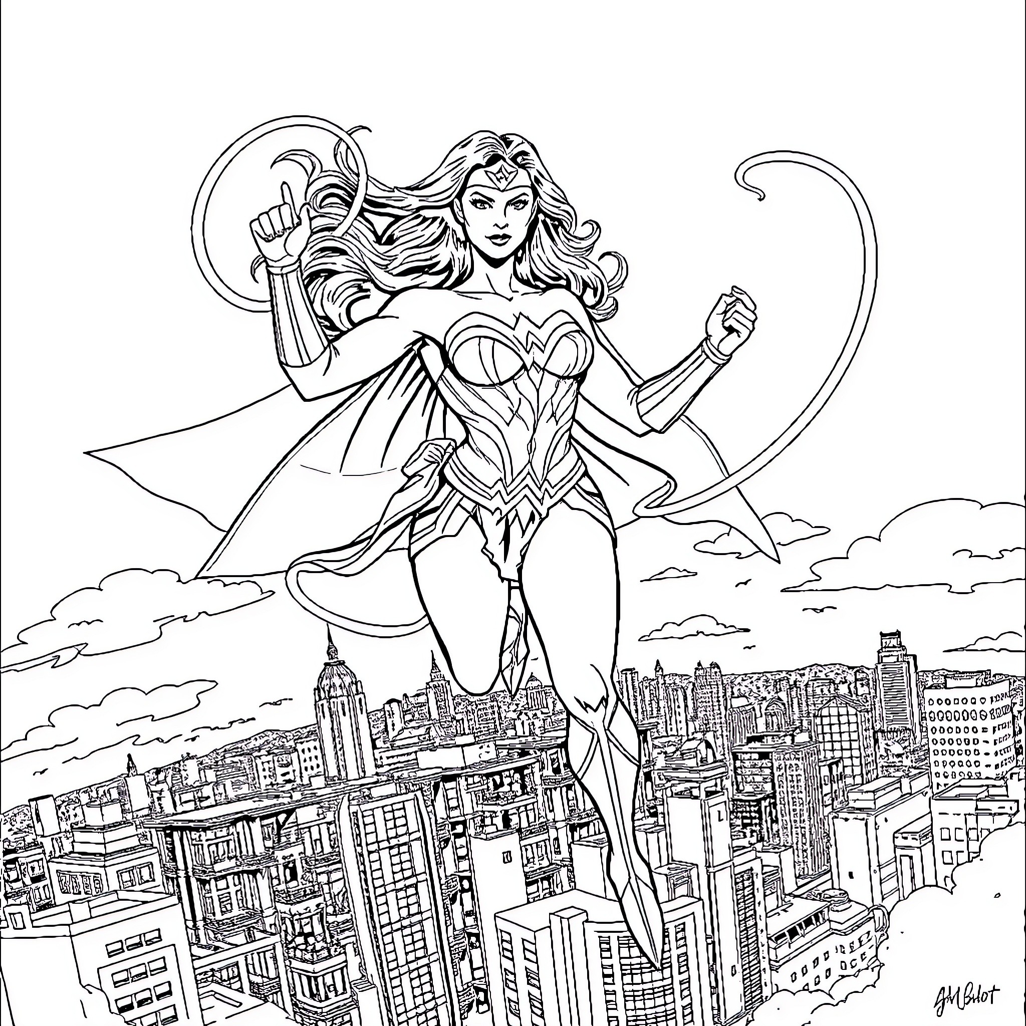 Wonder Woman Heroically Defending the City Coloring Page (free black-and-white line drawing printable PDF for all, from beginners to advanced learners, including children, teens, adults, and seniors)