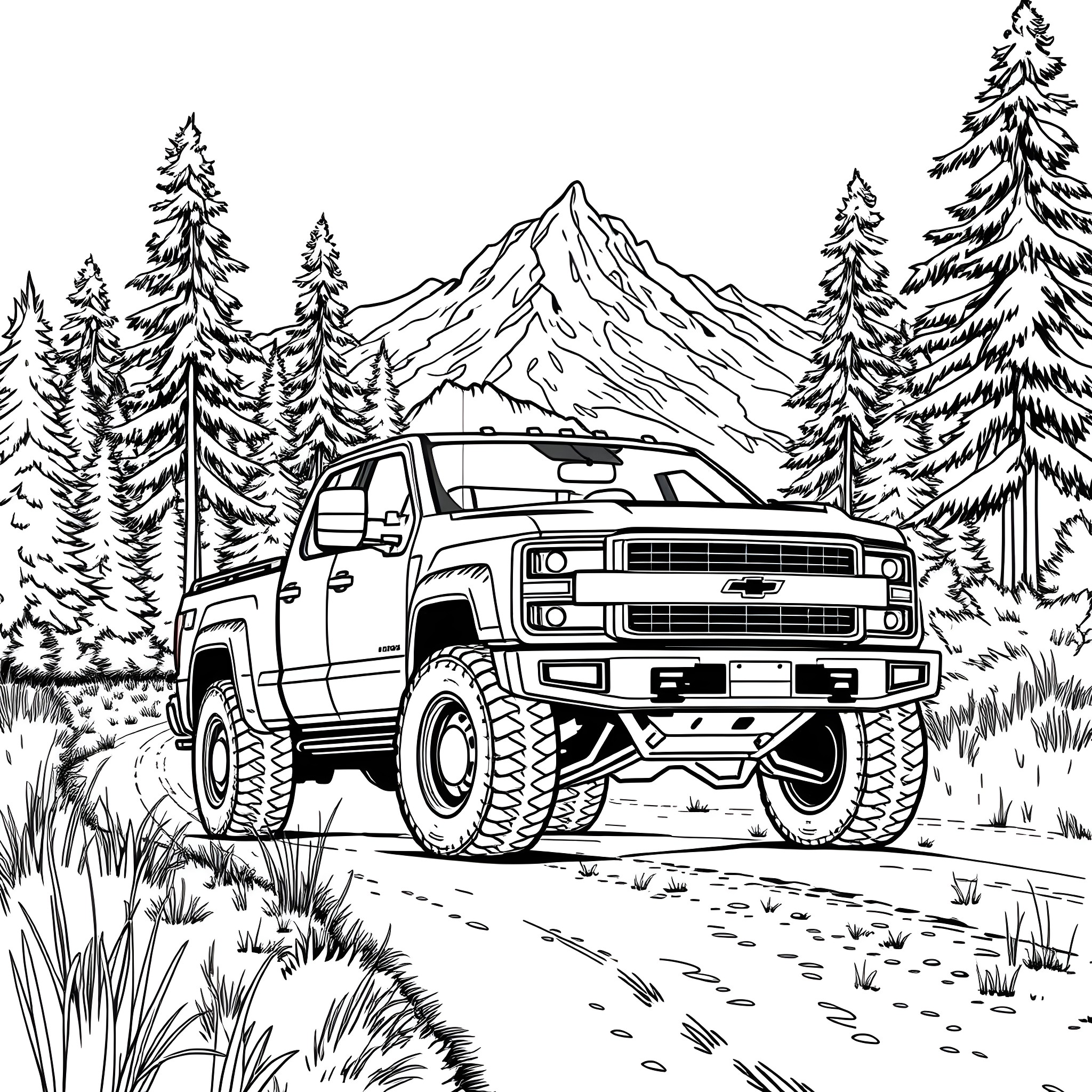 Pick Up Truck Traversing Rugged Terrain in Scenic Mountain Landscape Coloring Page (free black-and-white line drawing printable PDF for all, from beginners to advanced learners, including children, teens, adults, and seniors)