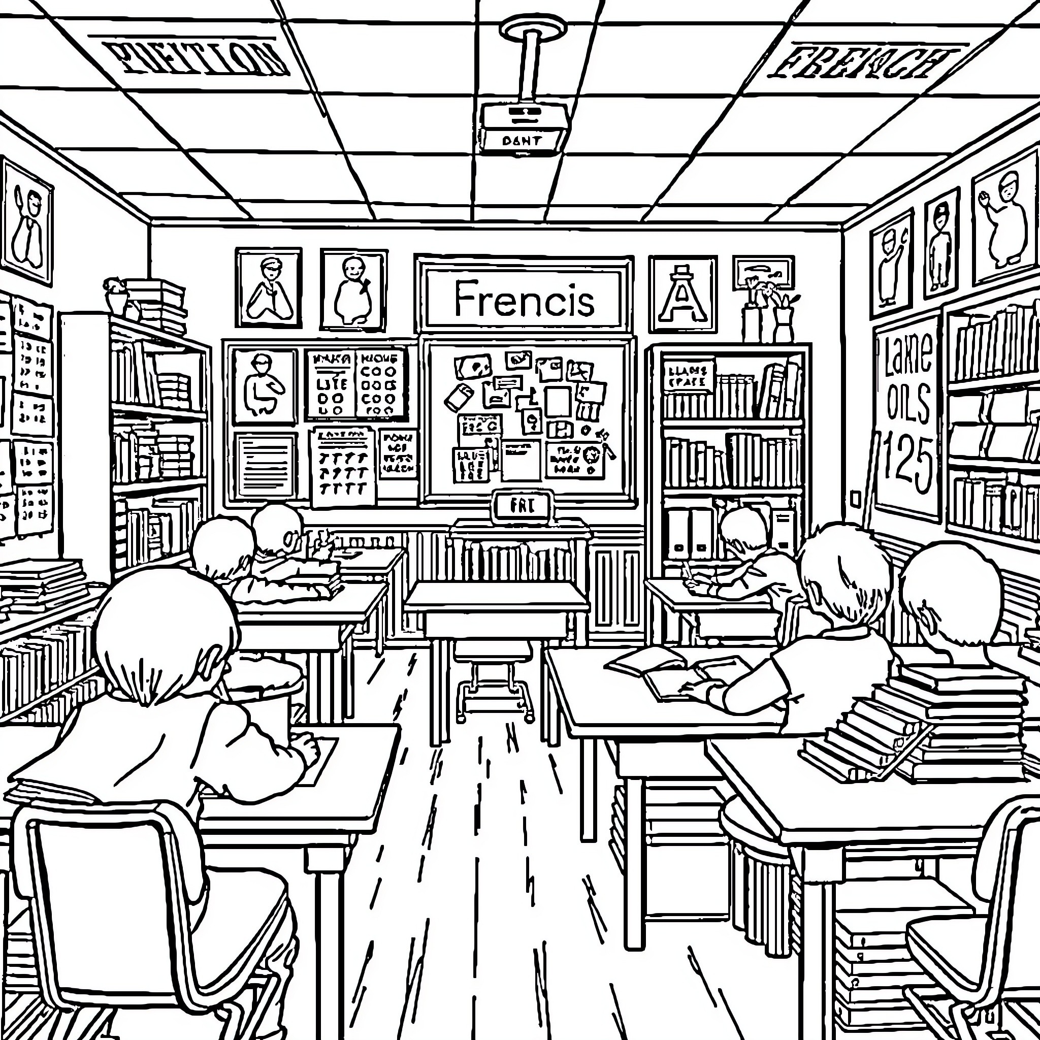 French students studying diligently in a classroom Coloring Page (free black-and-white line drawing printable PDF for all, from beginners to advanced learners, including children, teens, adults, and seniors)