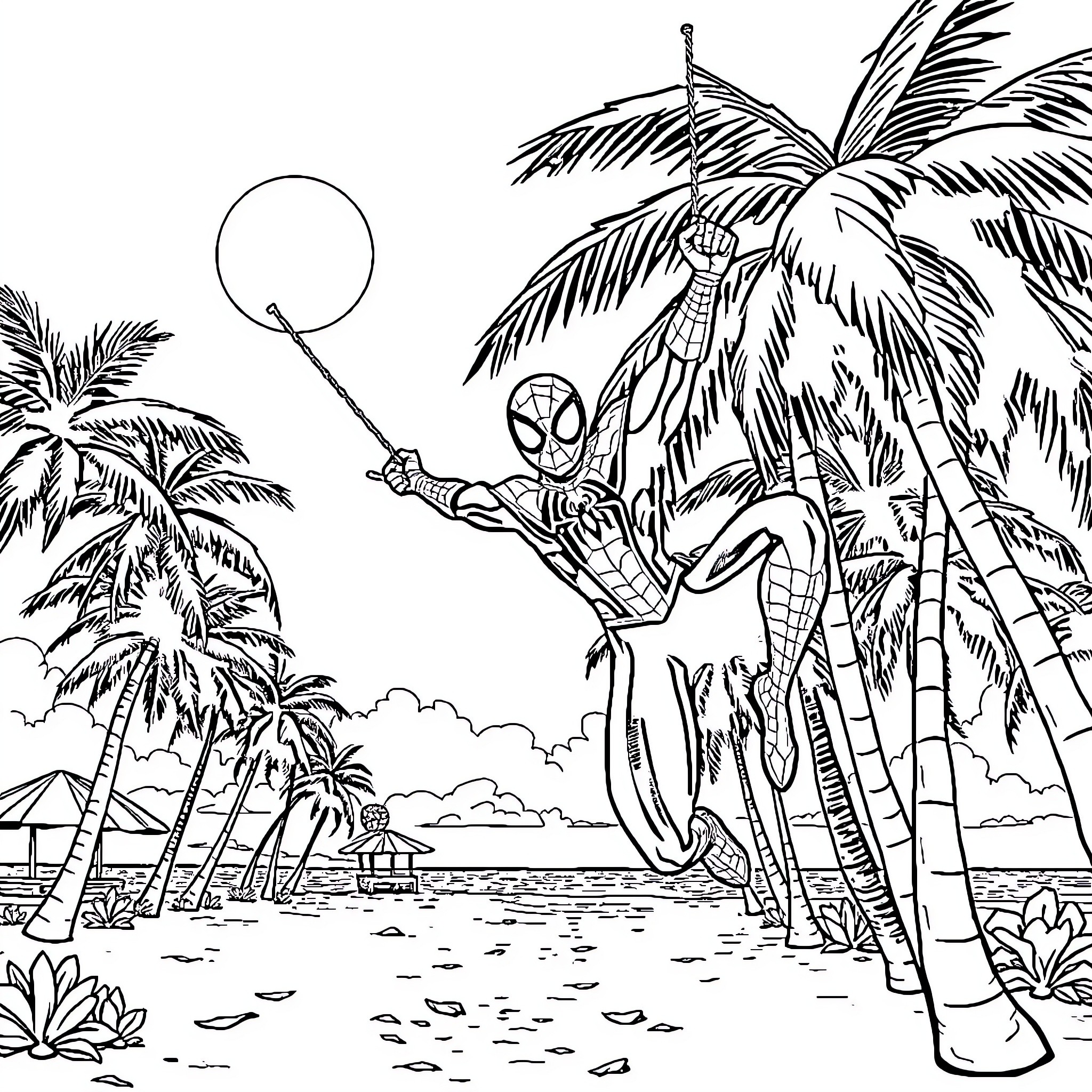 Spiderman swinging through a tropical paradise Coloring Page (free black-and-white line drawing printable PDF for all, from beginners to advanced learners, including children, teens, adults, and seniors)