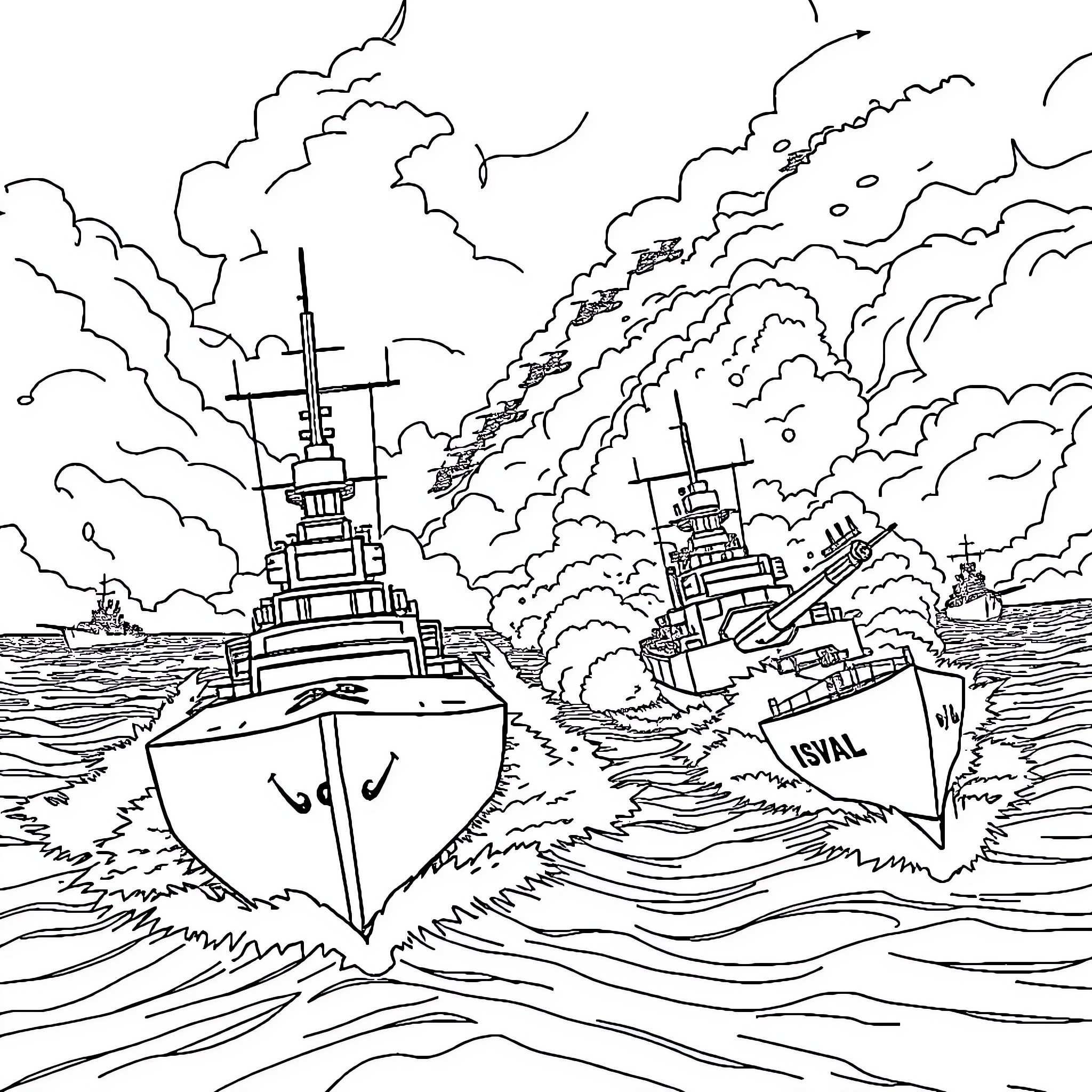 Battleship combat at sea with naval vessels and heavy smoke Coloring Page (free black-and-white line drawing printable PDF for all, from beginners to advanced learners, including children, teens, adults, and seniors)