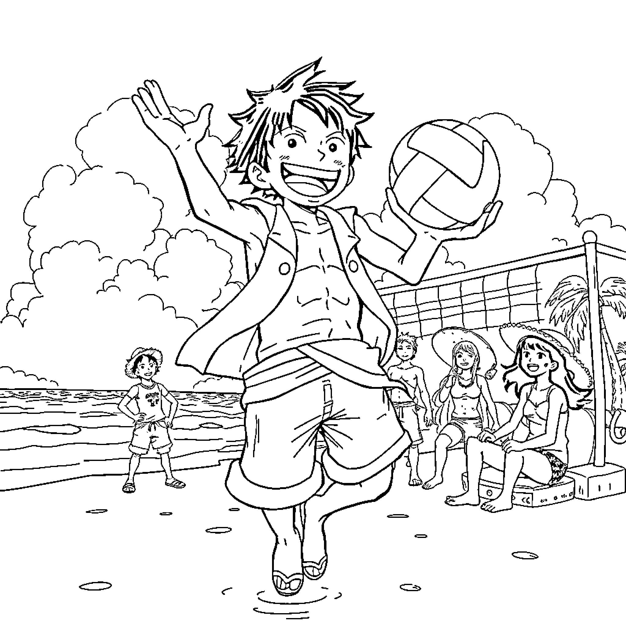 Luffy Playing Beach Volleyball with Friends Coloring Page (free black-and-white line drawing printable PDF for all, from beginners to advanced learners, including children, teens, adults, and seniors)
