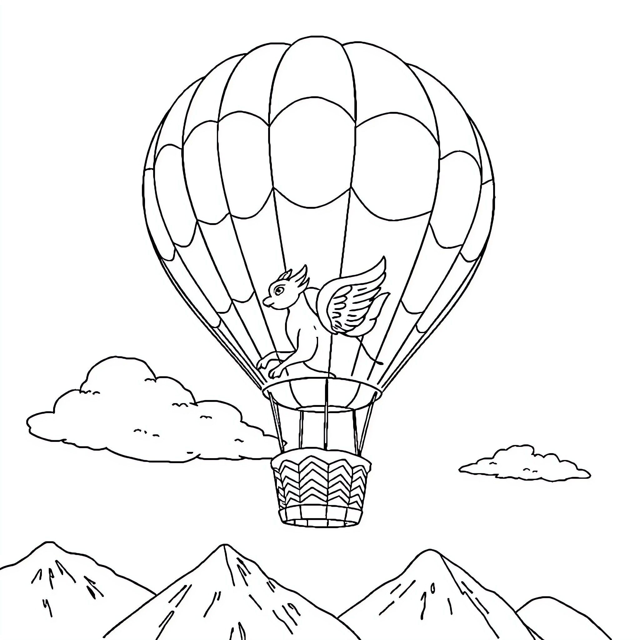 Snow Queen flying over the mountains in a hot air balloon Coloring Page (free black-and-white line drawing printable PDF for all, from beginners to advanced learners, including children, teens, adults, and seniors)