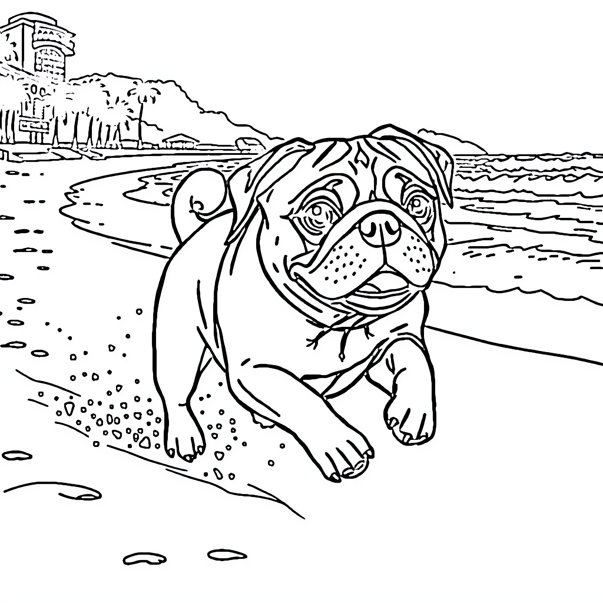 Pug exploring scenic beach with buildings Coloring Page (free black-and-white line drawing printable PDF for all, from beginners to advanced learners, including children, teens, adults, and seniors)