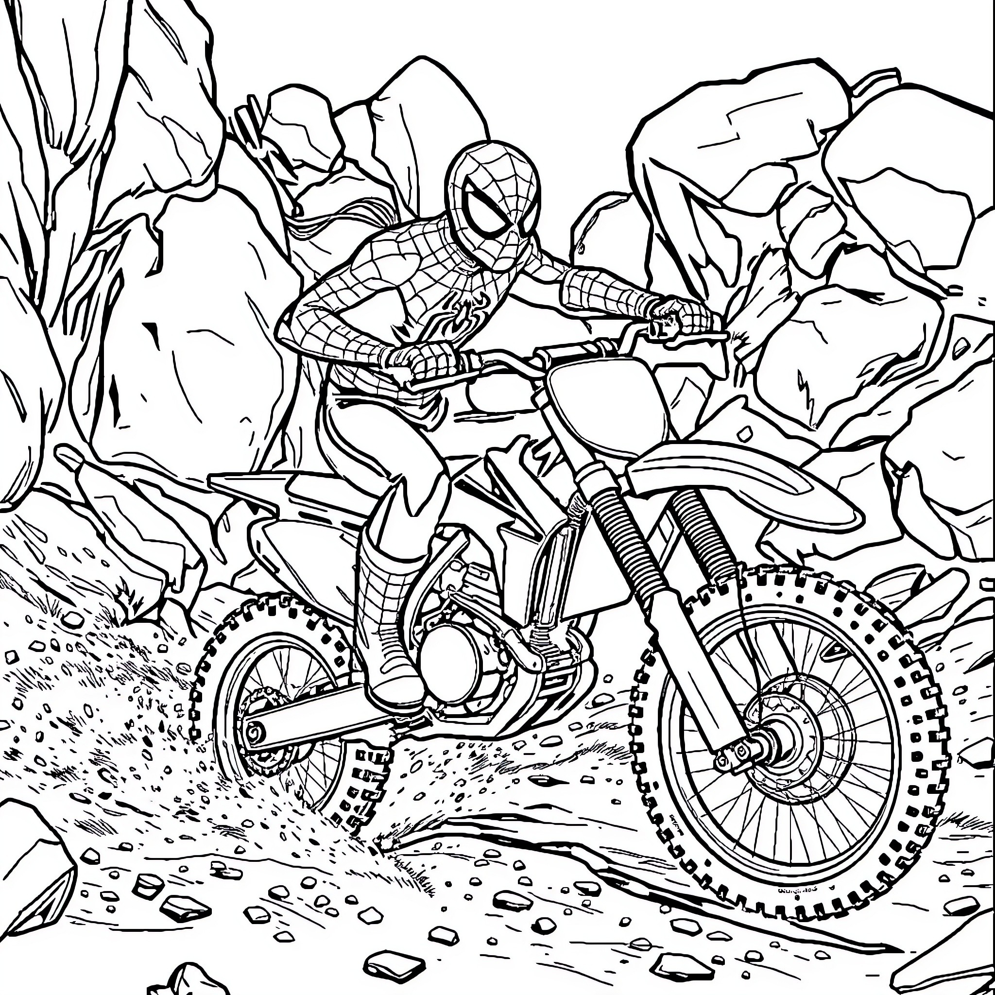 Spider-Man on a motocross bike in a rocky terrain Coloring Page (free black-and-white line drawing printable PDF for all, from beginners to advanced learners, including children, teens, adults, and seniors)