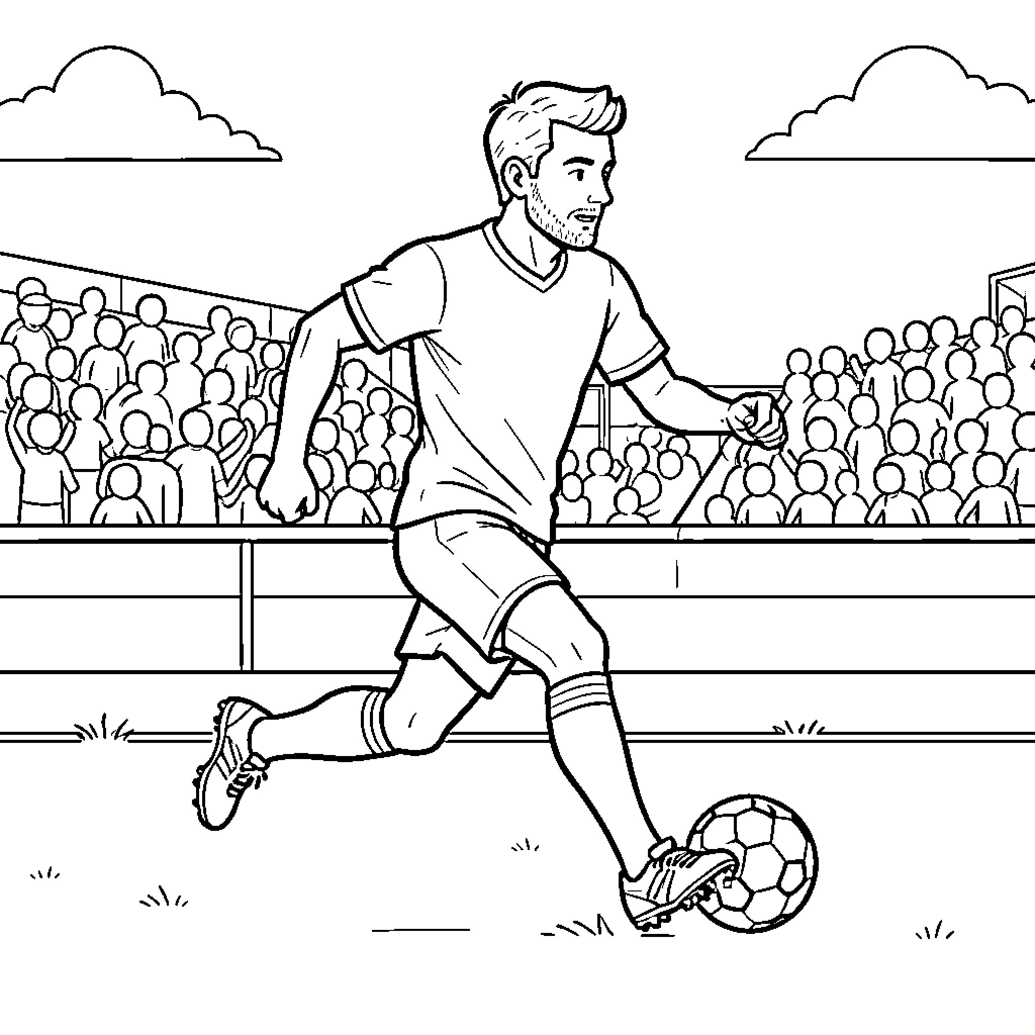 Soccer Player dribbling a ball during a match Coloring Page (free black-and-white line drawing printable PDF for all, from beginners to advanced learners, including children, teens, adults, and seniors)