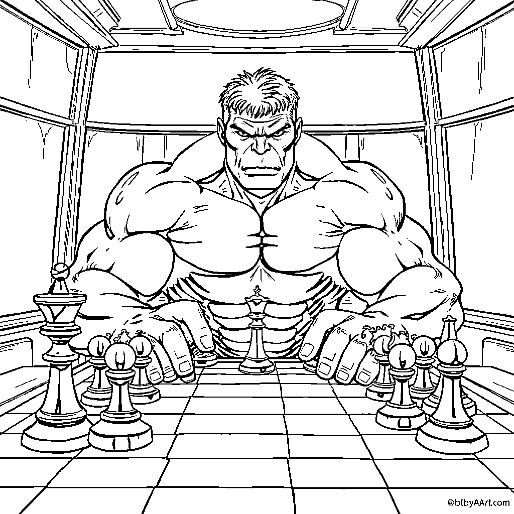 Hulk playing chess with intensity and focus Coloring Page (free black-and-white line drawing printable PDF for all, from beginners to advanced learners, including children, teens, adults, and seniors)