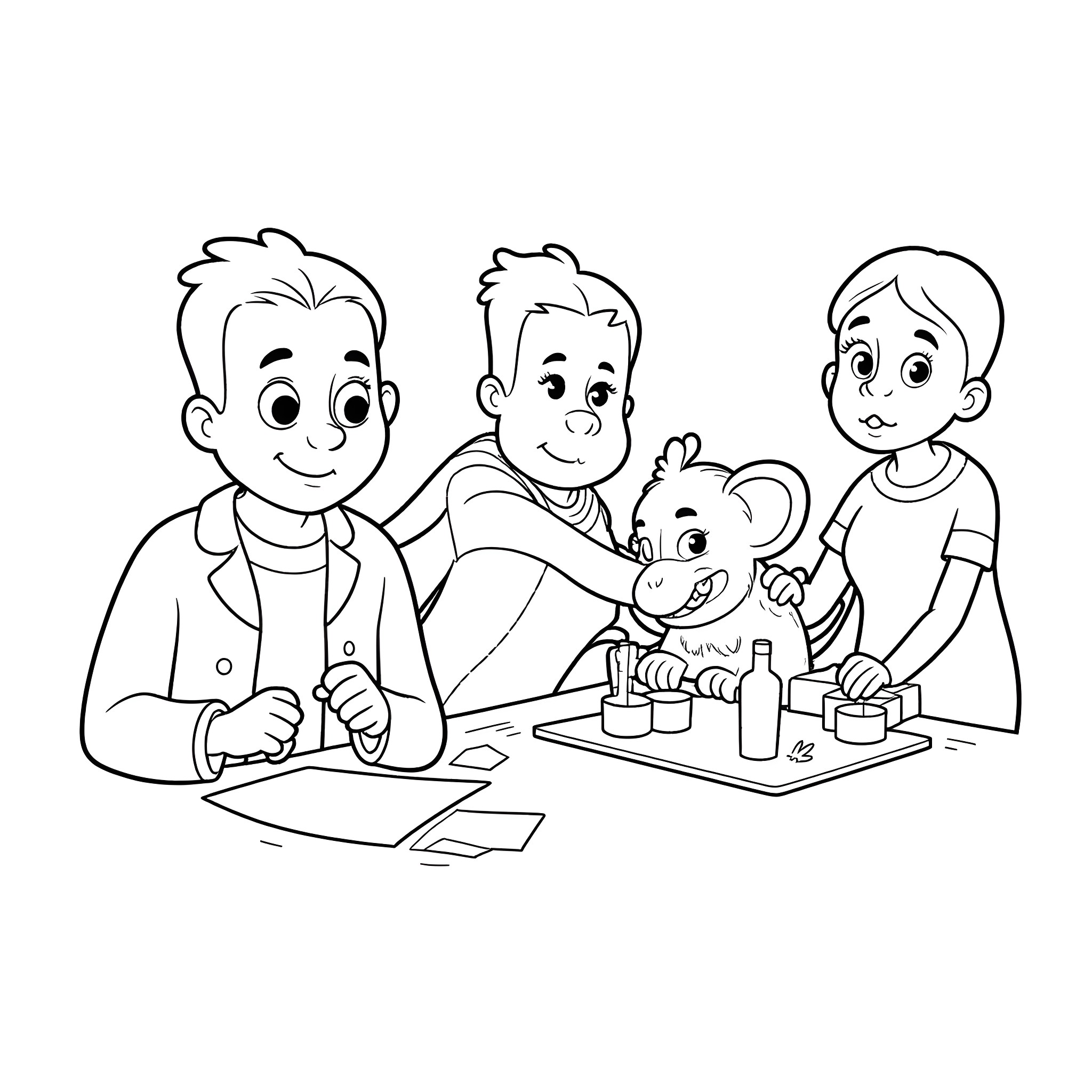 Dexter and Friends Enjoy Creative Activities Coloring Page (free black-and-white line drawing printable PDF for all, from beginners to advanced learners, including children, teens, adults, and seniors)