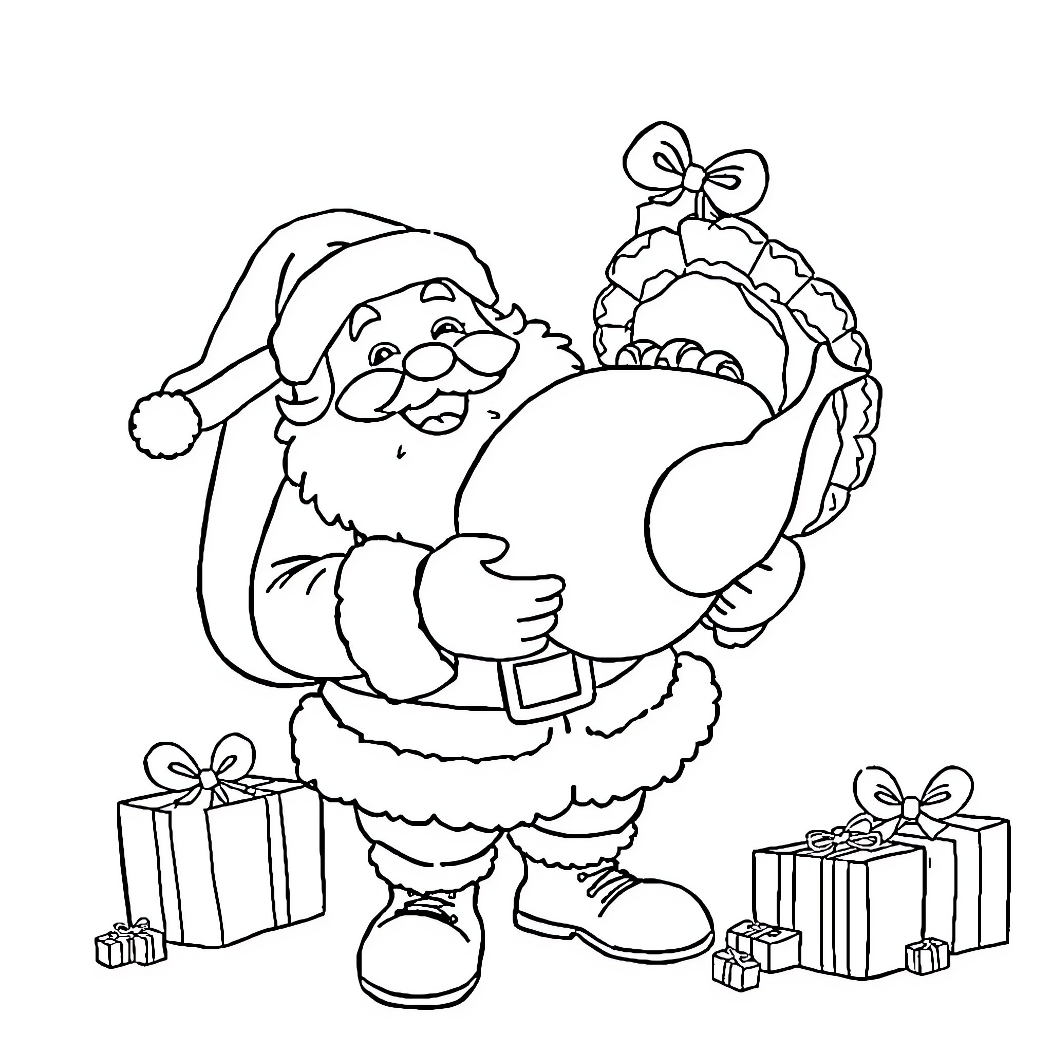 Santa holding a large Christmas ornament and presents Coloring Page (free black-and-white line drawing printable PDF for all, from beginners to advanced learners, including children, teens, adults, and seniors)