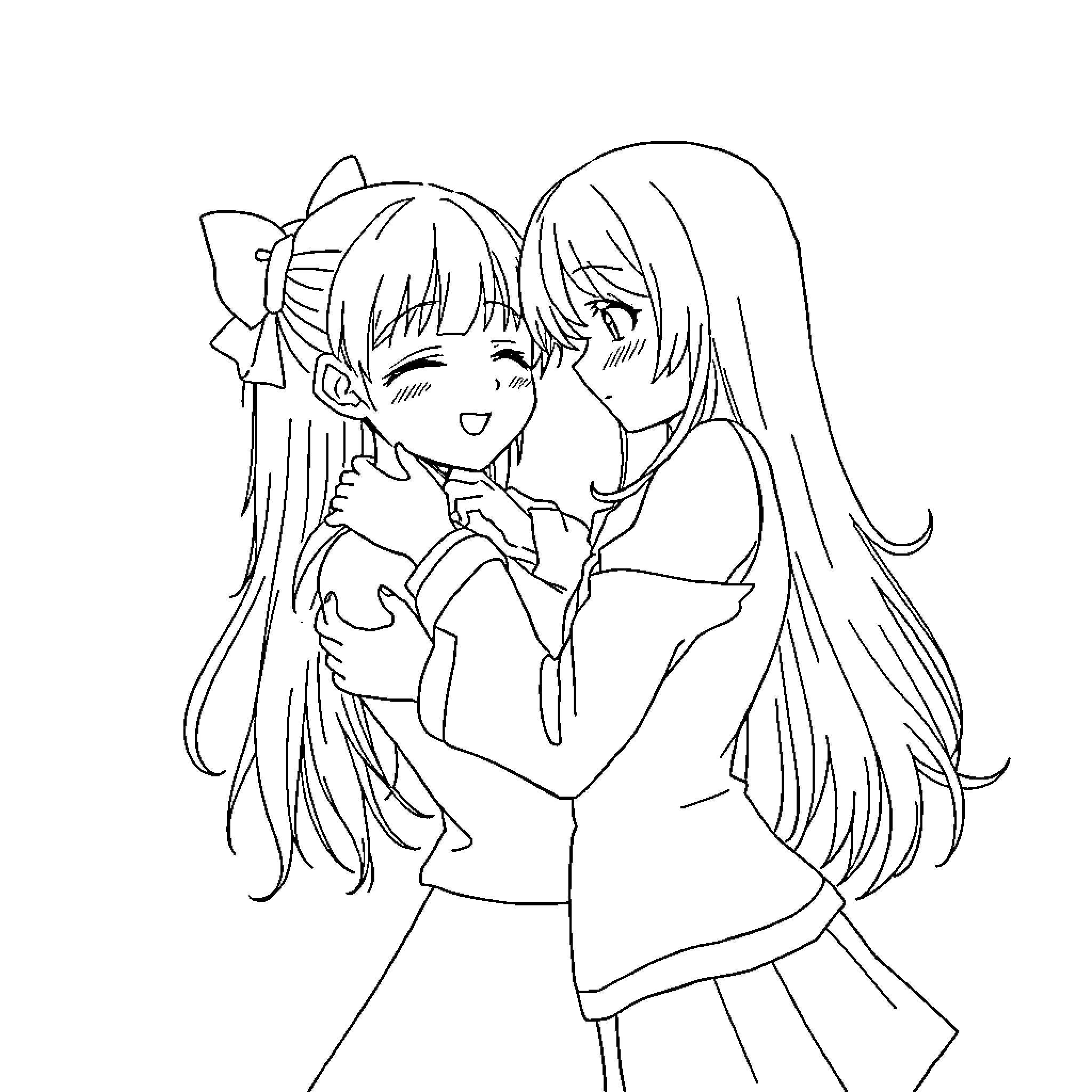 Anime Girls Embracing Affectionately Coloring Page (free black-and-white line drawing printable PDF for all, from beginners to advanced learners, including children, teens, adults, and seniors)