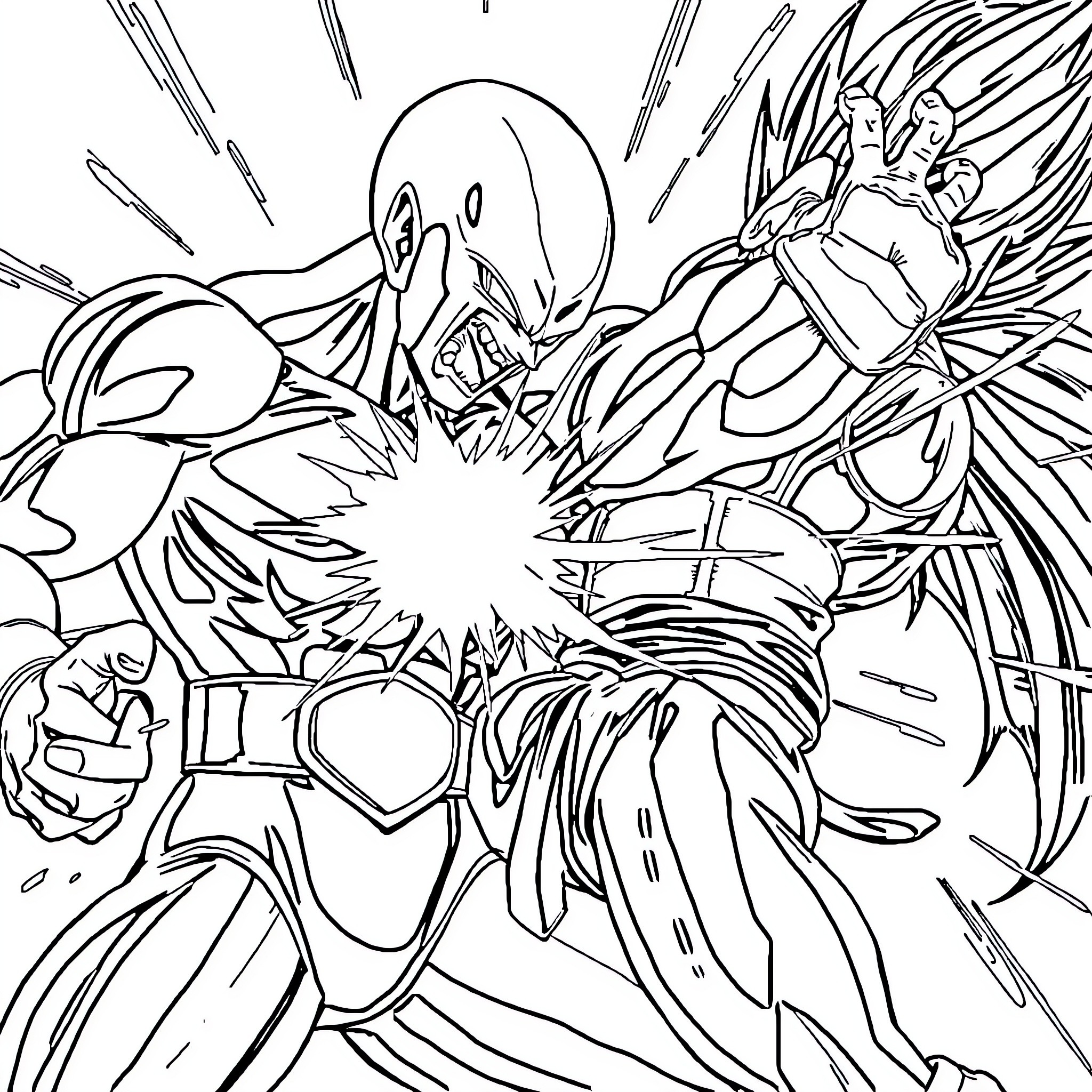 Jiren's Powerful Cosmic Clash Coloring Page (free black-and-white line drawing printable PDF for all, from beginners to advanced learners, including children, teens, adults, and seniors)