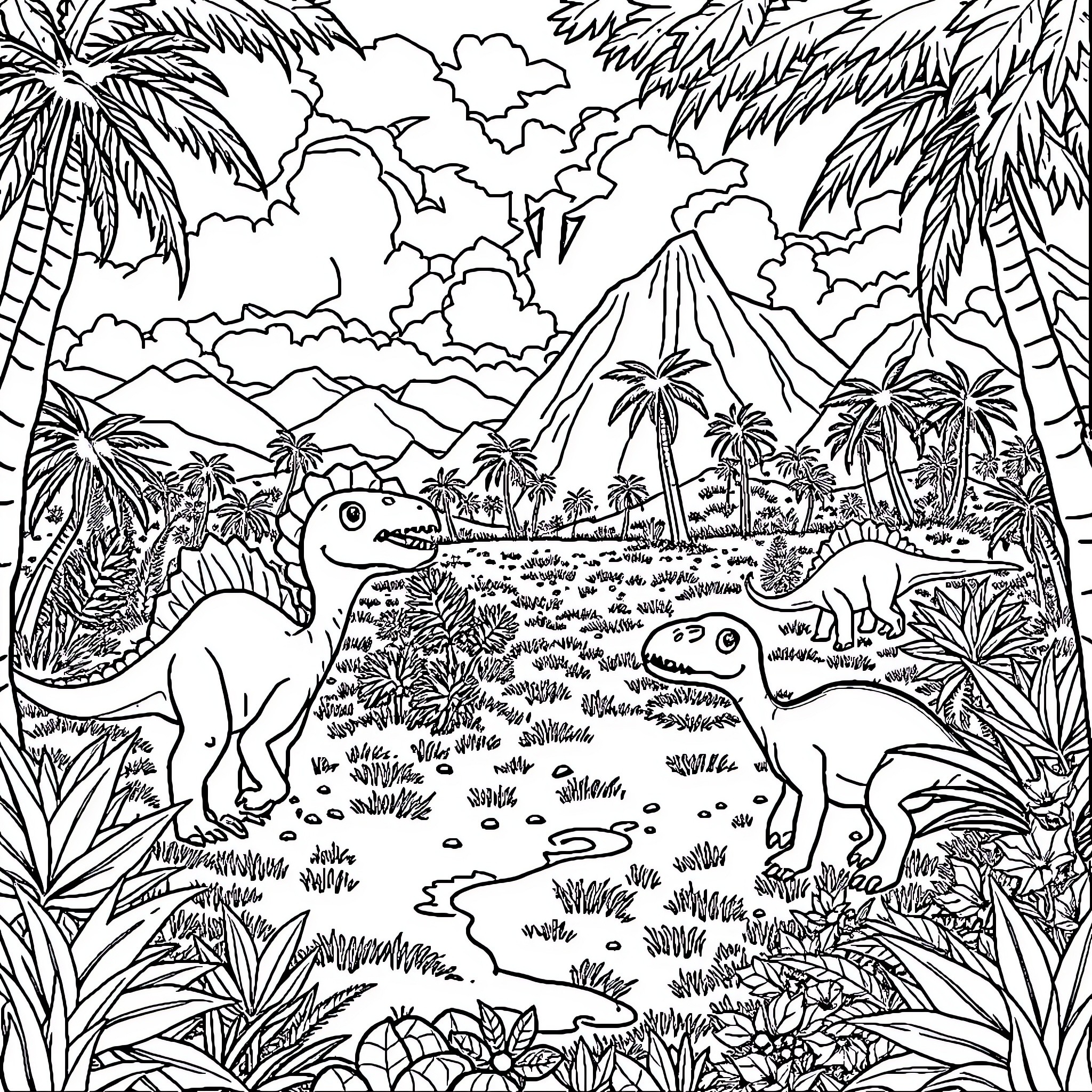 Dinosaurs roaming through a lush prehistoric landscape Coloring Page (free black-and-white line drawing printable PDF for all, from beginners to advanced learners, including children, teens, adults, and seniors)