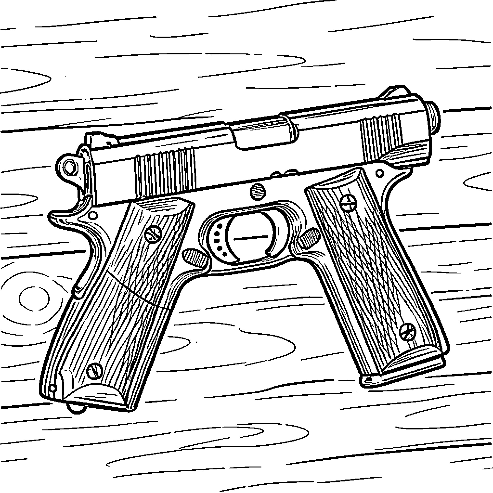 Pistol on a wooden background Coloring Page (free black-and-white line drawing printable PDF for all, from beginners to advanced learners, including children, teens, adults, and seniors)