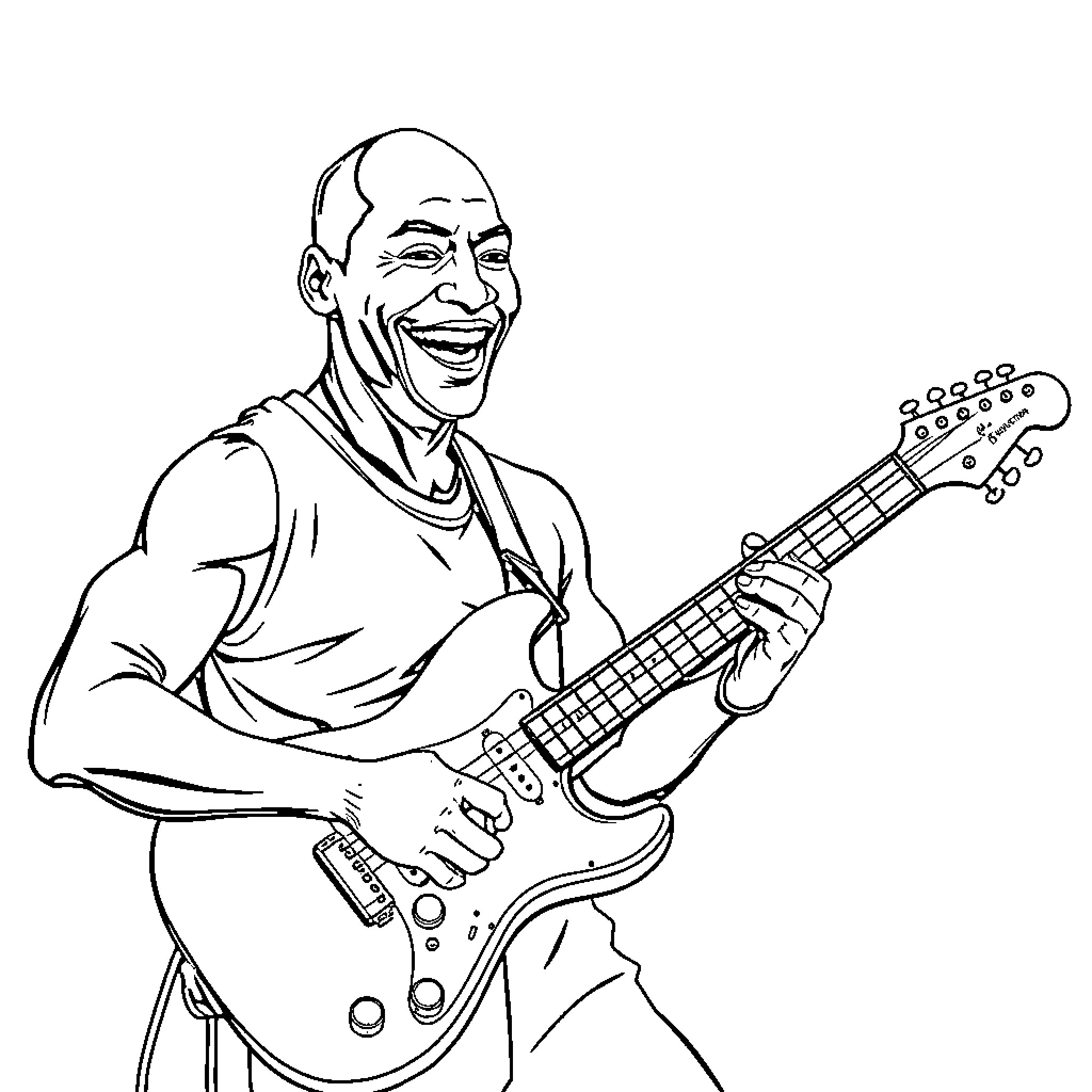 Michael Jordan Playing Electric Guitar Cheerfully Coloring Page (free black-and-white line drawing printable PDF for all, from beginners to advanced learners, including children, teens, adults, and seniors)