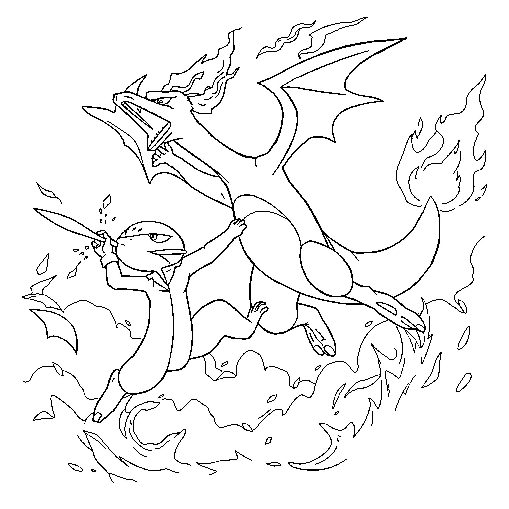 Greninja in fiery action pose Coloring Page (free black-and-white line drawing printable PDF for all, from beginners to advanced learners, including children, teens, adults, and seniors)