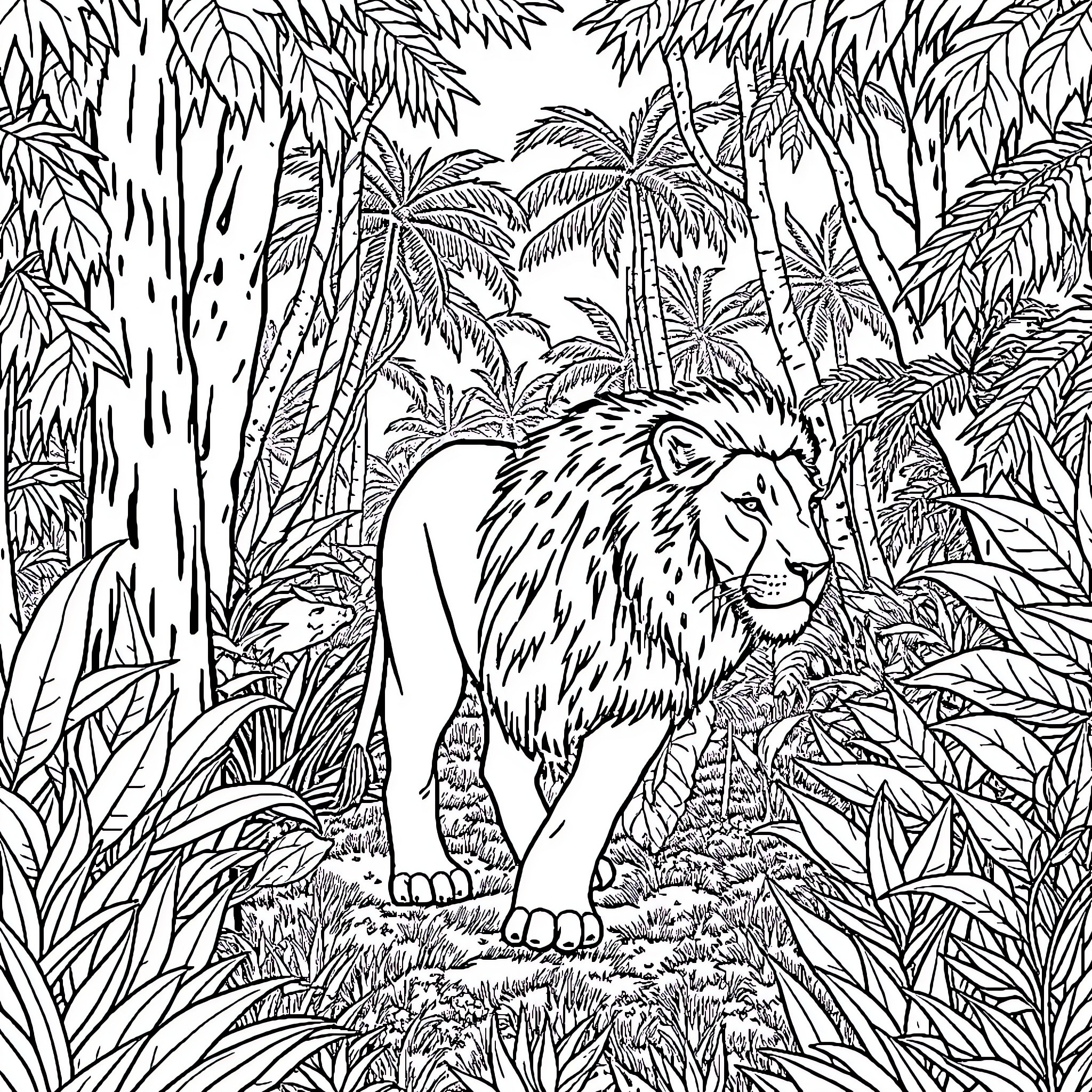 Lion exploring the lush tropical jungle Coloring Page (free black-and-white line drawing printable PDF for all, from beginners to advanced learners, including children, teens, adults, and seniors)