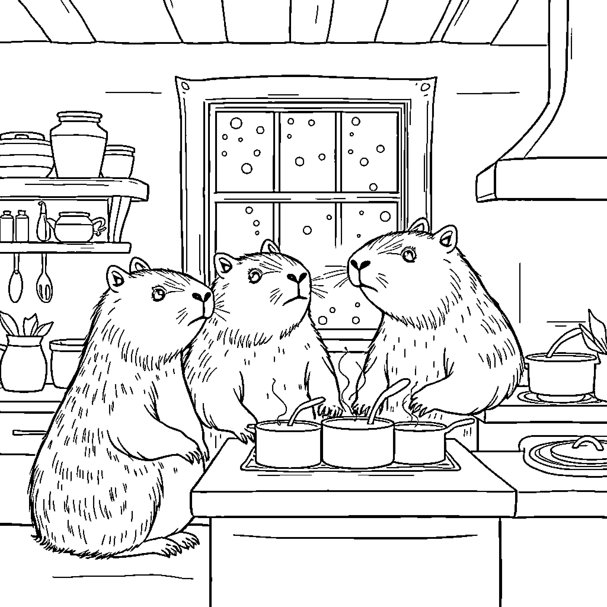 Capybaras enjoying a cozy kitchen scene Coloring Page (free black-and-white line drawing printable PDF for all, from beginners to advanced learners, including children, teens, adults, and seniors)