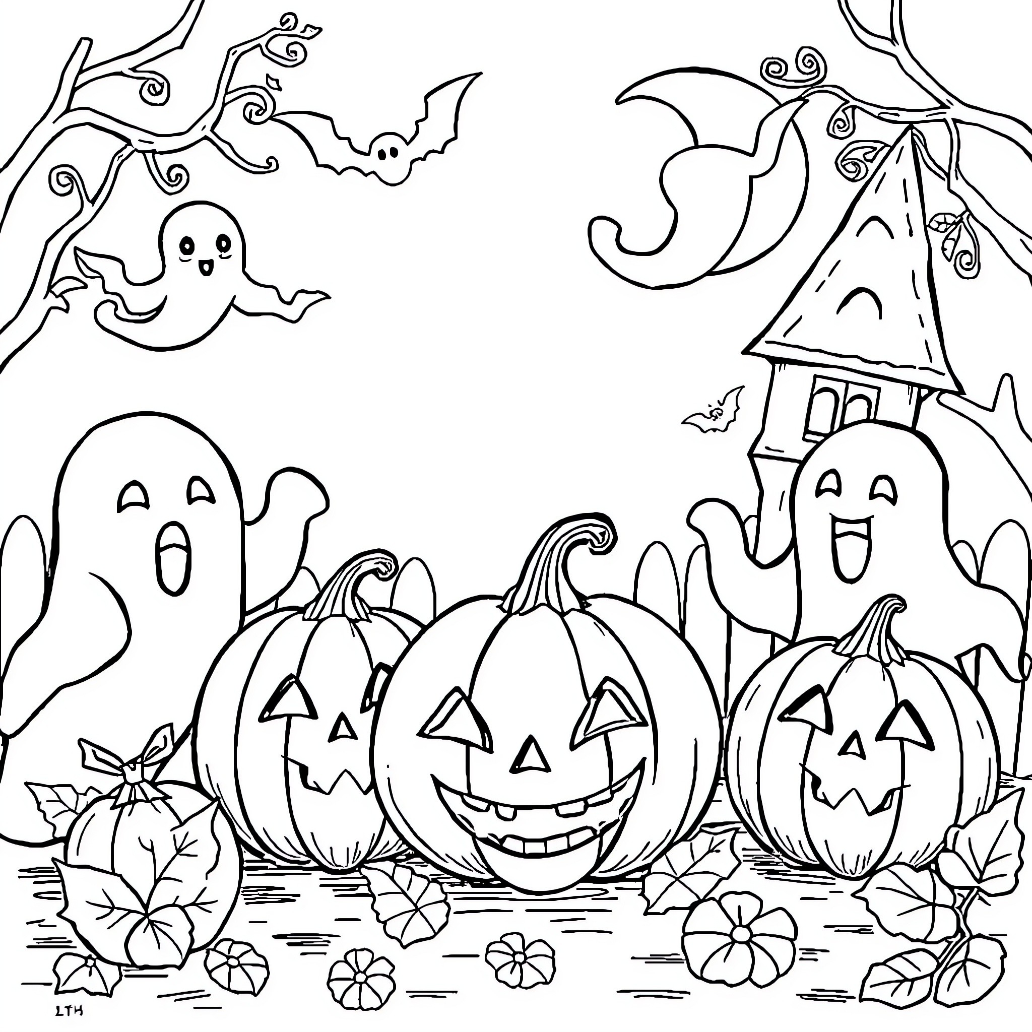 Bookmaker's Halloween Spirits and Pumpkins Coloring Page (free black-and-white line drawing printable PDF for all, from beginners to advanced learners, including children, teens, adults, and seniors)