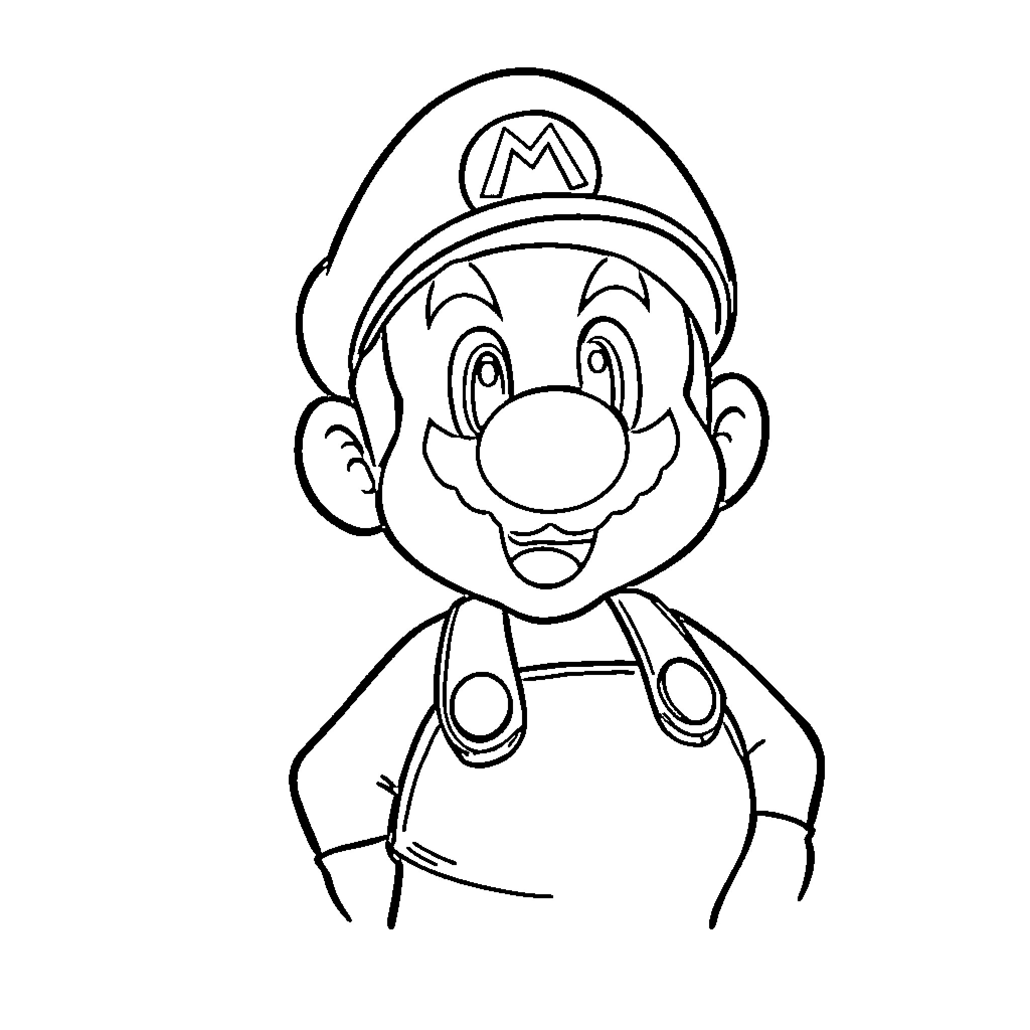 Mario in cheerful expression and iconic outfit Coloring Page (free black-and-white line drawing printable PDF for all, from beginners to advanced learners, including children, teens, adults, and seniors)