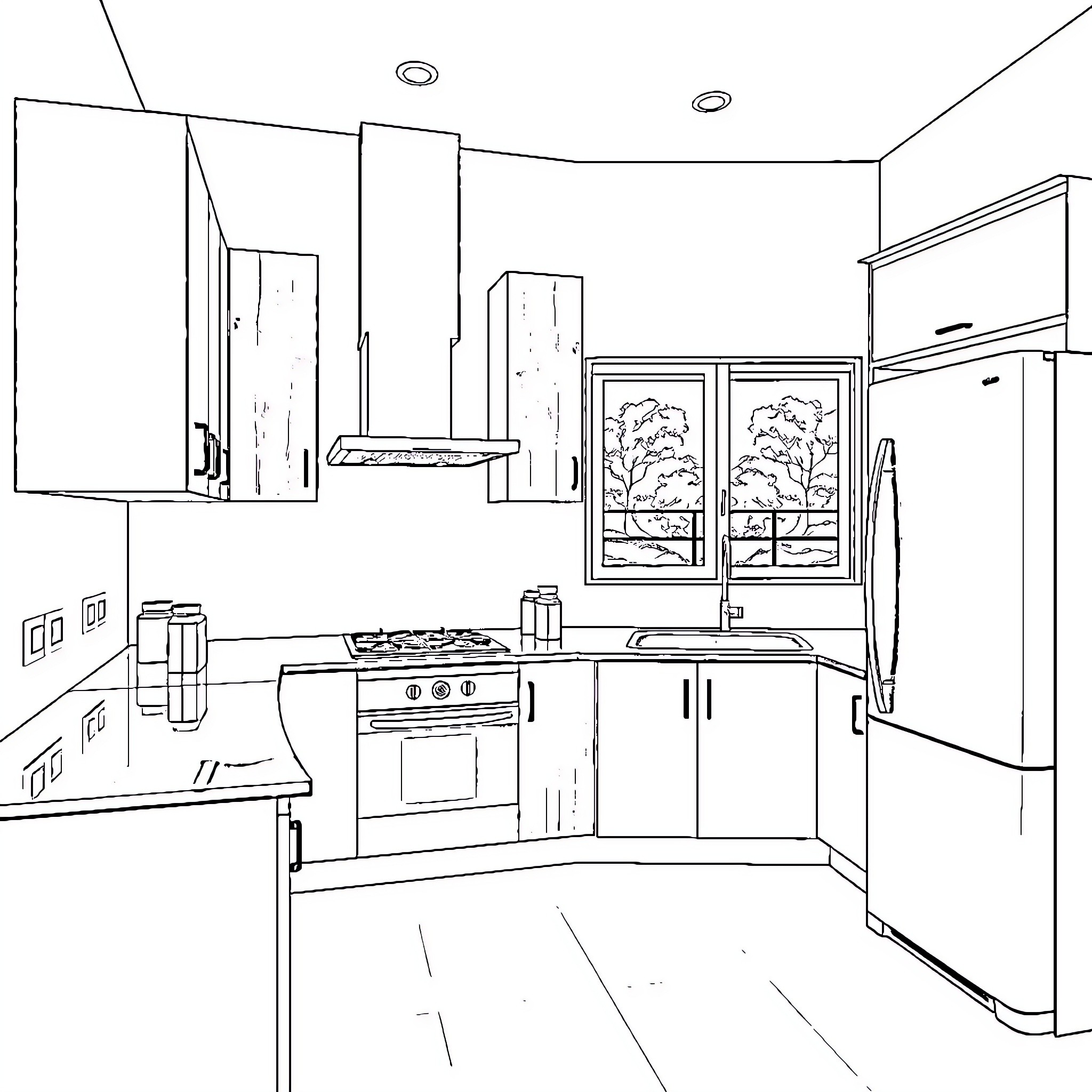 Kitchen with modern appliances and scenic window Coloring Page (free black-and-white line drawing printable PDF for all, from beginners to advanced learners, including children, teens, adults, and seniors)