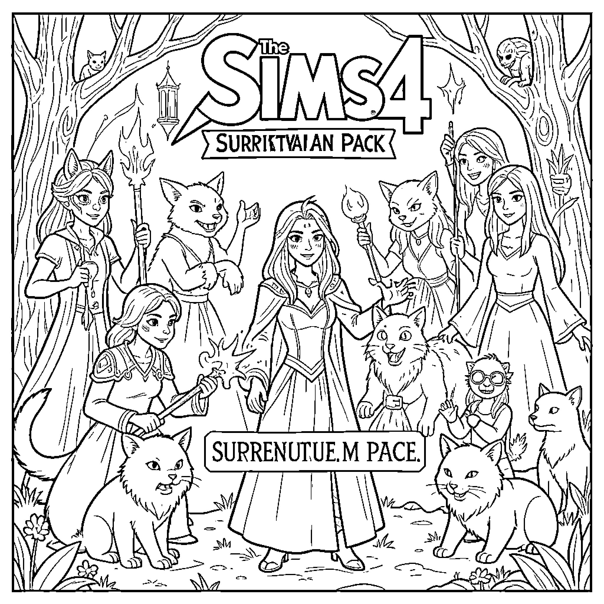 Sims characters and magical creatures in a forest Coloring Page (free black-and-white line drawing printable PDF for all, from beginners to advanced learners, including children, teens, adults, and seniors)