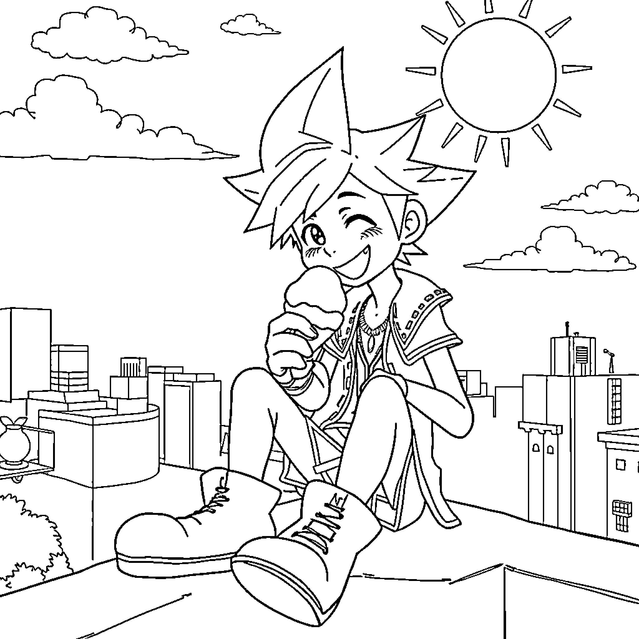 Roxas enjoying a sunny day in the city Coloring Page (free black-and-white line drawing printable PDF for all, from beginners to advanced learners, including children, teens, adults, and seniors)