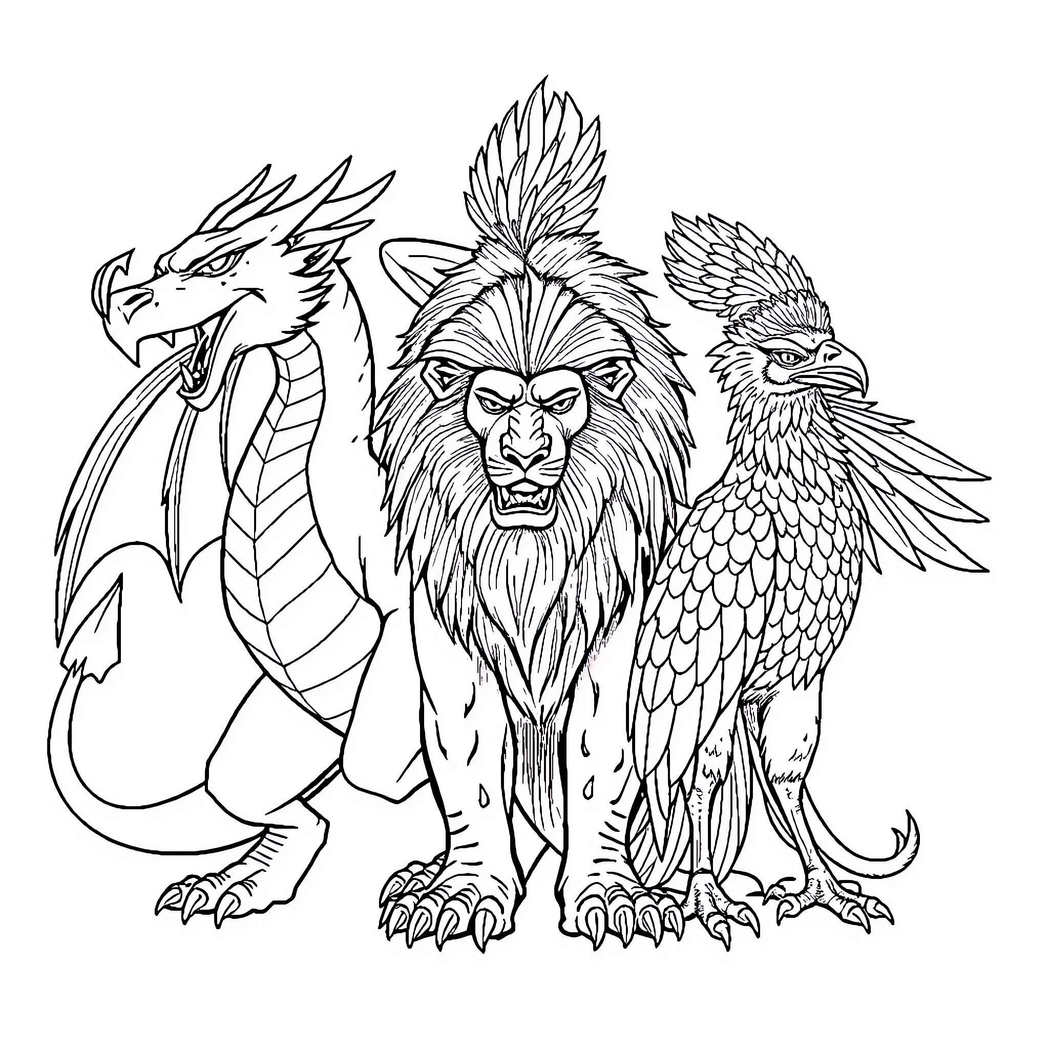 Dragon, lion, and griffin fantasy creatures Coloring Page (free black-and-white line drawing printable PDF for all, from beginners to advanced learners, including children, teens, adults, and seniors)
