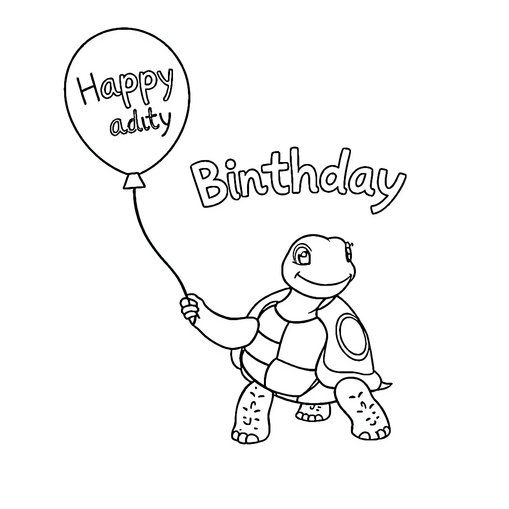 Turtle holding a 'Happy birthday' balloon Coloring Page (free black-and-white line drawing printable PDF for all, from beginners to advanced learners, including children, teens, adults, and seniors)